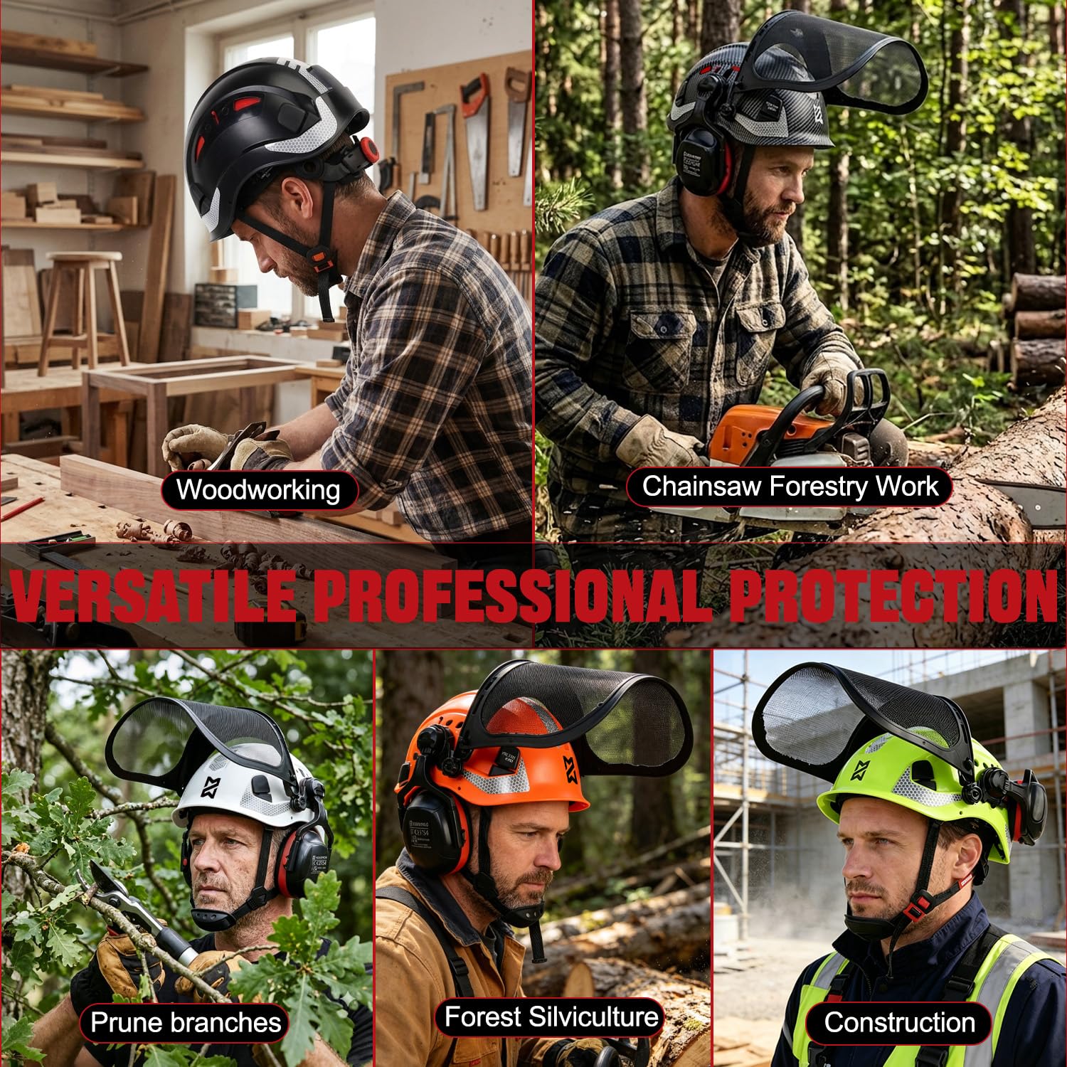 HEARMOR VOLTEK Ensemble de casque de sécurité forestière 5 en 1 avec casque rigide en ABS avec protège-oreilles, visière, capuchon de sudation et sac de transport, design confortable et ventilé pour
