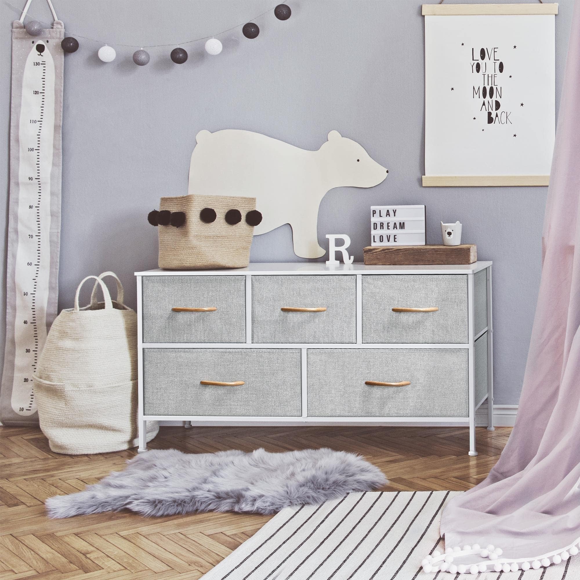 Yaheetech Chest of Drawers, Storage Unit Chest with 5 Fabric Drawers for Bedroom/Living Room/Nursery/Hallway, Light Grey