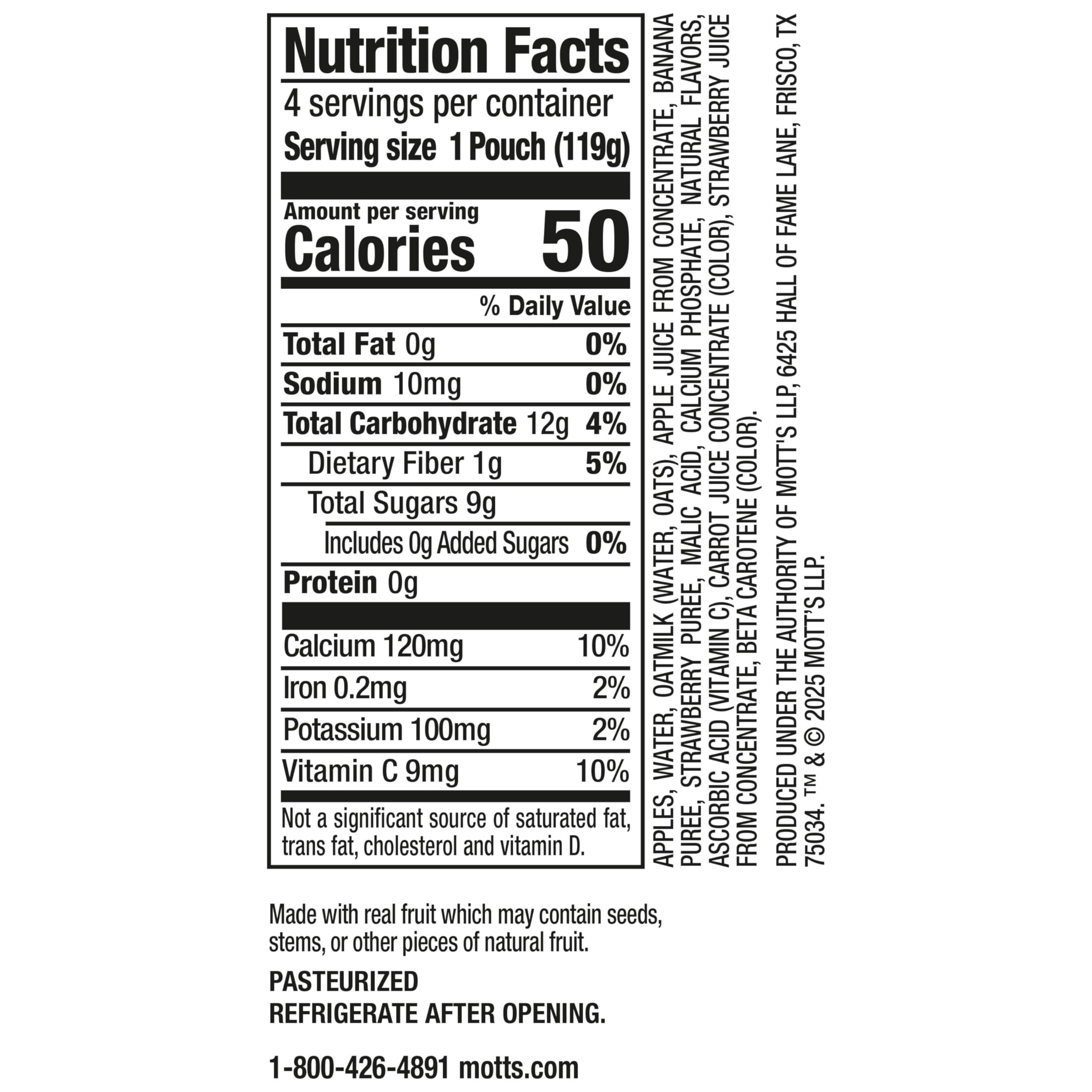 Mott’s Fruit Smoothies Strawberry Banana, 4.2 oz clear pouches, 4 Pack, Non-dairy, Made With Oatmilk, Made With Real Fruit, Good Source of Calcium, On-the-Go
