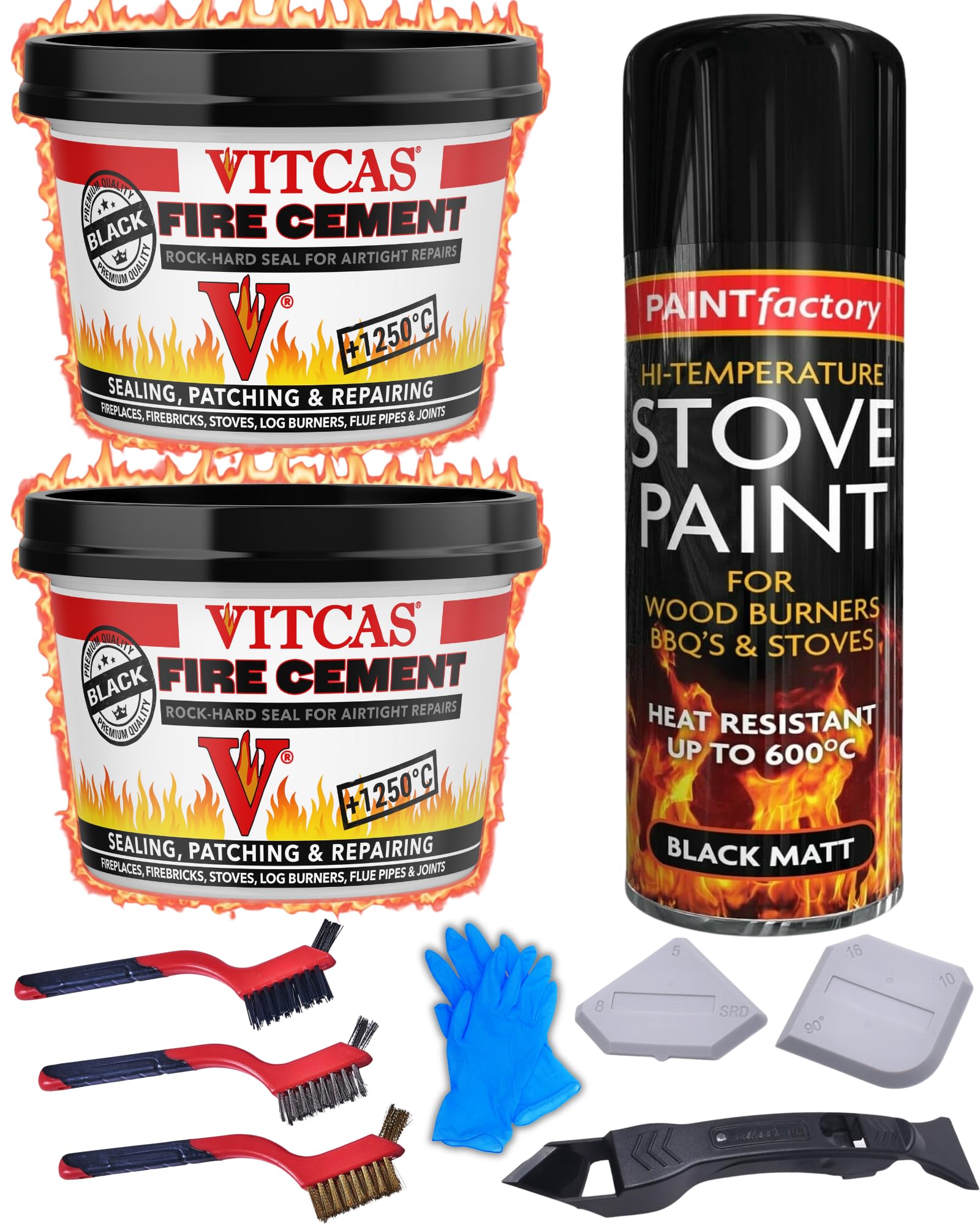 Black Fire Cement Kit - For Colour Matched Repairs to Wood Burning Stoves & Fireplaces - 2x 500g, with Black Stove Paint, Cleaning Brushes, Application Tool Set, Gloves - Heat Resistant, Airtight Seal