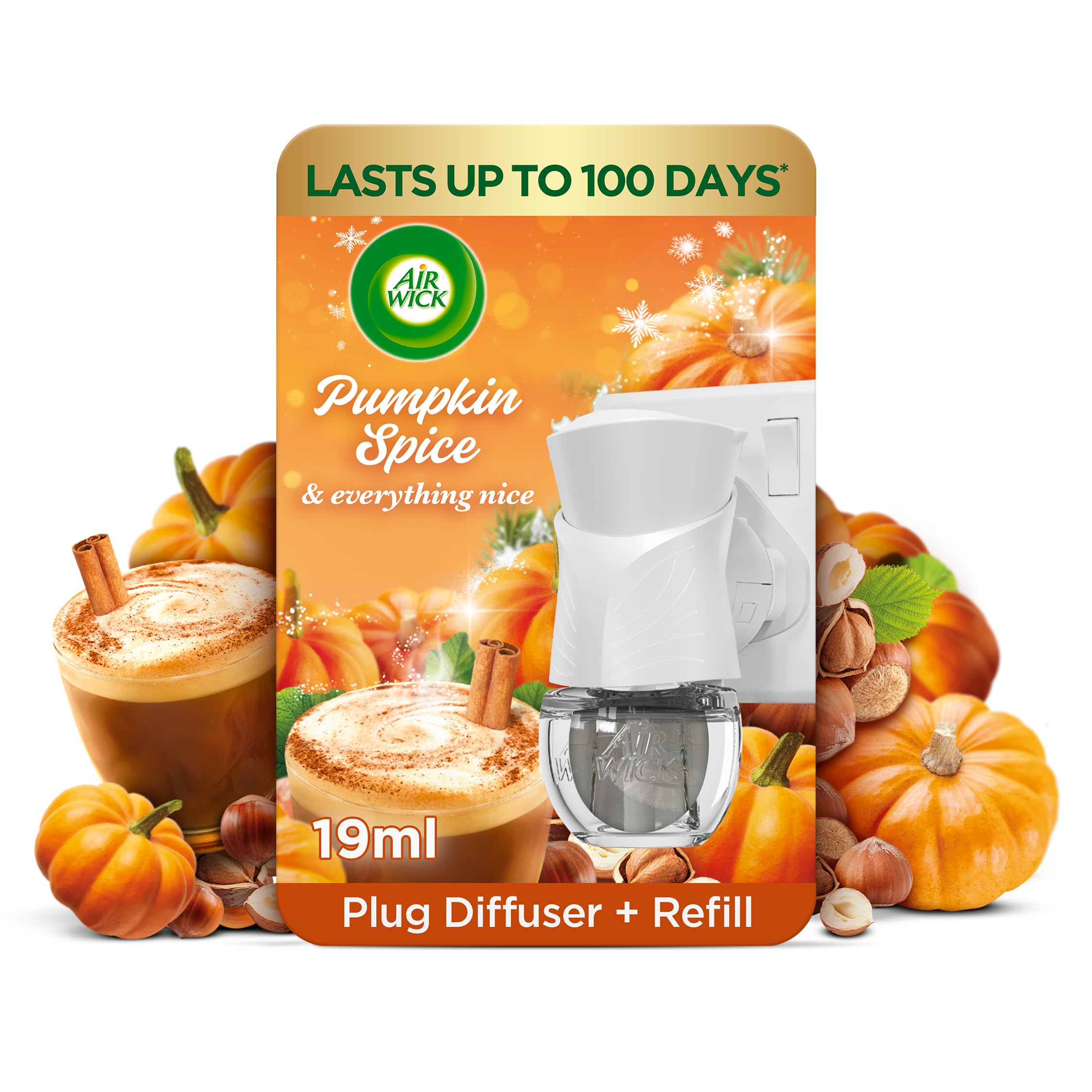 Air Wick Plug in Diffuser Kit, Pumpkin Spice & Everything Nice, 1 Device & 1 Refill (19ml), Long Lasting Fragrance, Lasts up to 100 days, Plug in Air freshener