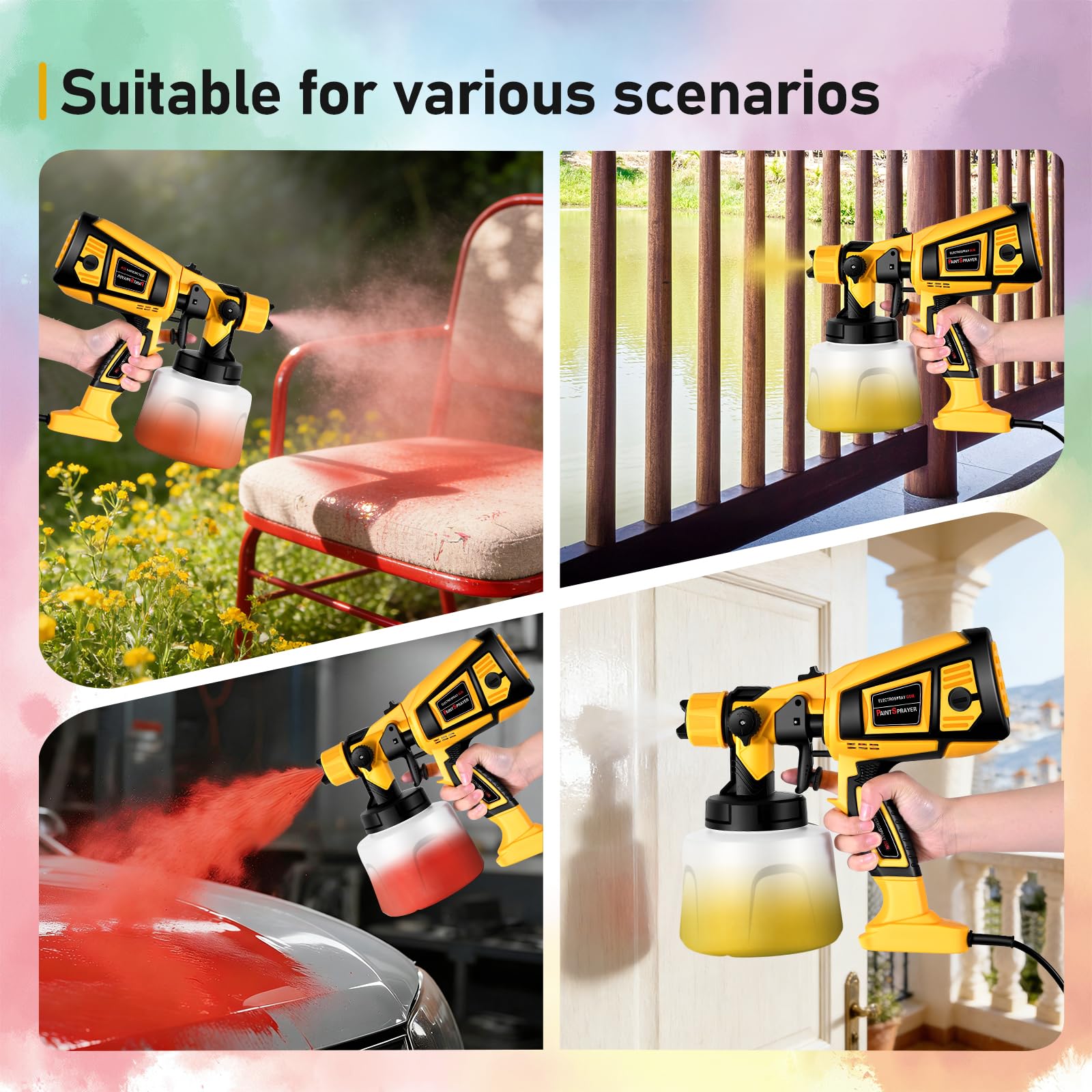 Pistola de Pintura,800W HVLP Pulverizador de Pintura Eléctrico con Recipiente de 1400ml, Flujo Máximo de 1000ml/min,5 Boquillas para la Pulverización y Limpieza del Bricolaje（Amarillo）