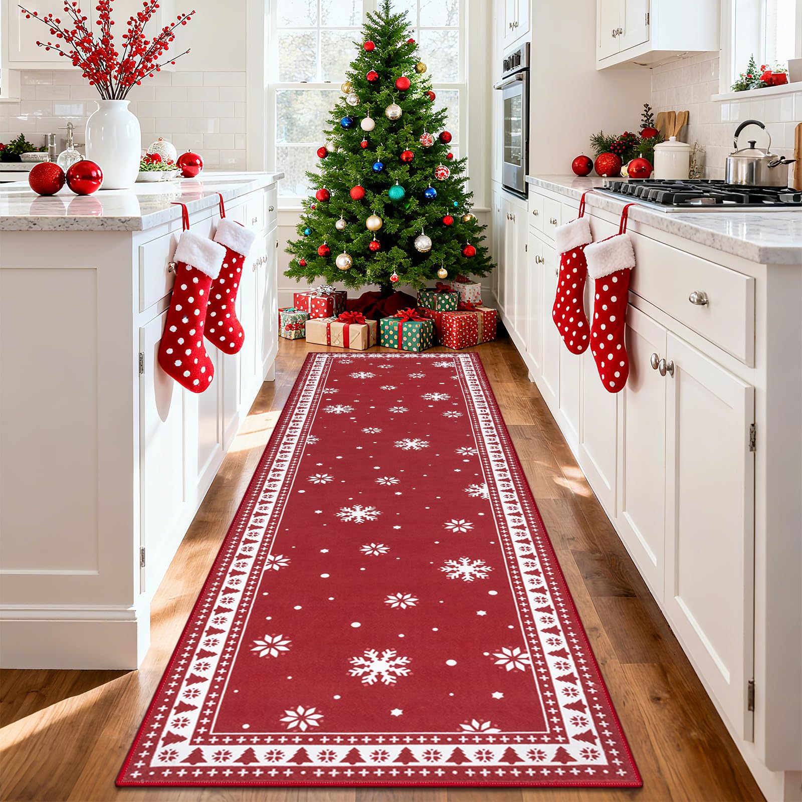 Enyhom Alfombra Pasillo Antideslizante Navideña 80 x 300 cm, Decoración Navideña Alfombra Cocina Lavable, Absorbente Alfombra de Pasillo Alfombra para Cocina, Lavadero, Comedor, Dormitorio, Salón