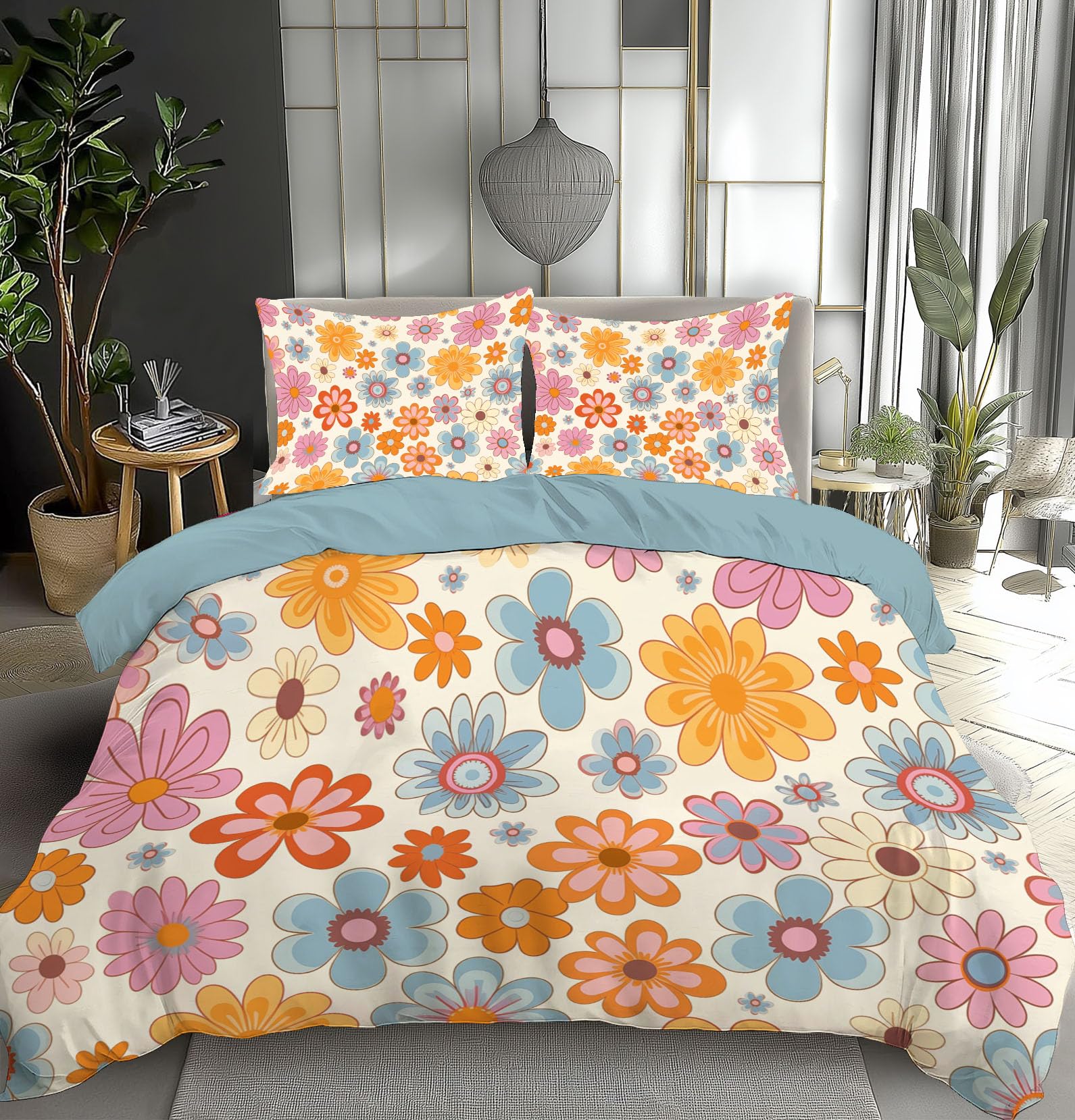 Parure de lit fleurs vintage en microfibre crème 140x200 cm avec 2 taies d'oreiller