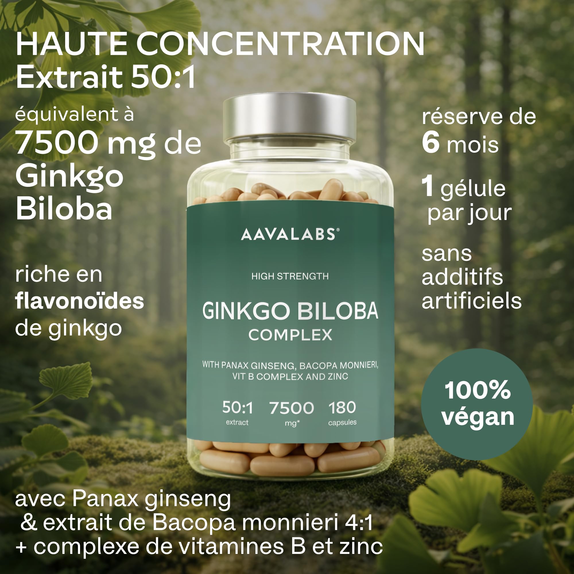 Ginkgo Biloba 7500mg 50:1 avec Panax Ginseng Rouge de Corée, Bacopa Monnieri, Zinc, Vitamine B Complex - Nootropique Puissant Circulation Sanguine, Memoire et Concentration, Energie - 180 Capsules
