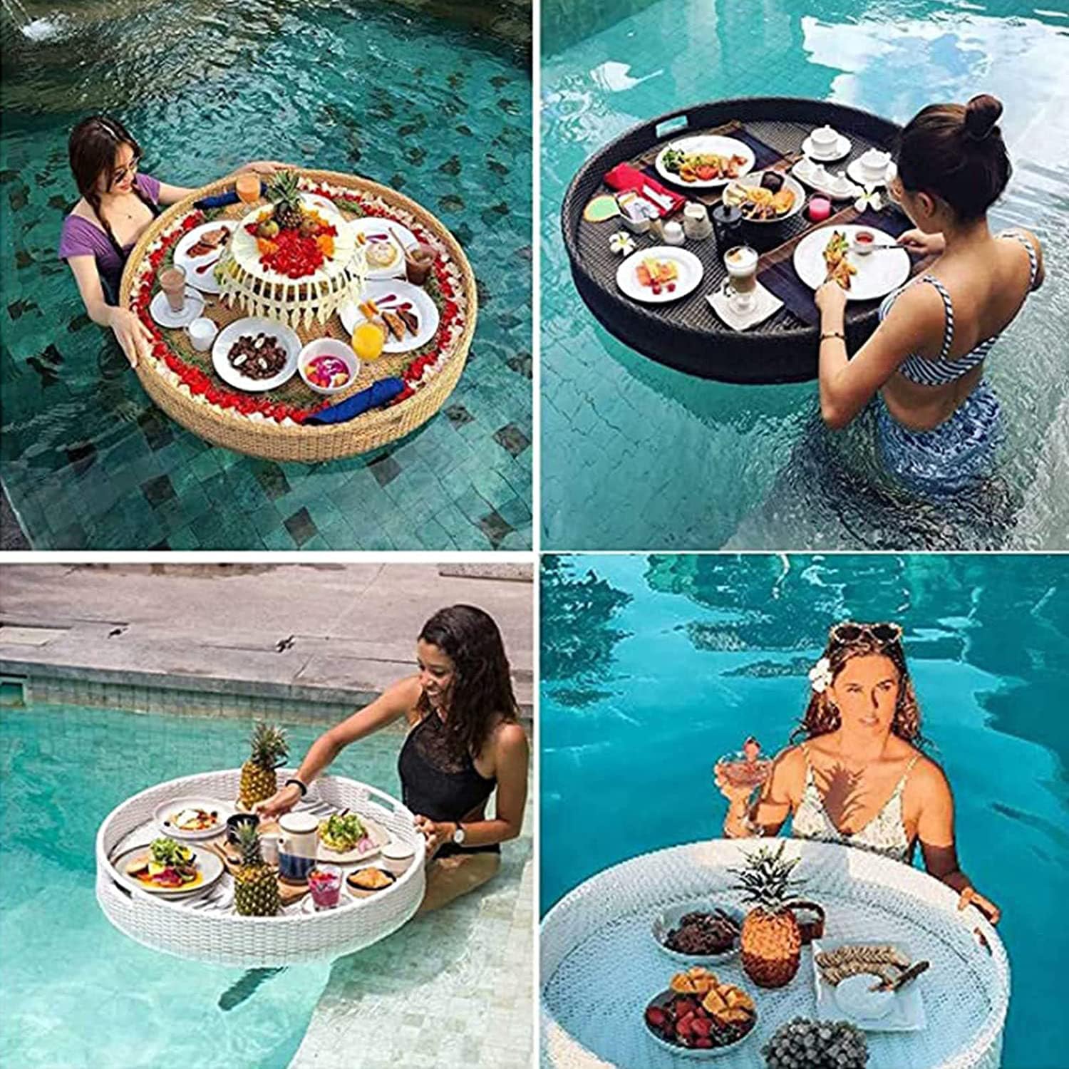 Plateau tissé en rotin, Plateau d'eau Flottant Rond tissé en rotin, Plateau Flottant en rotin, Plateau Flottant de Luxe, Plateau Flottant, Bar de Table, pour Piscine Servant des Boissons, br