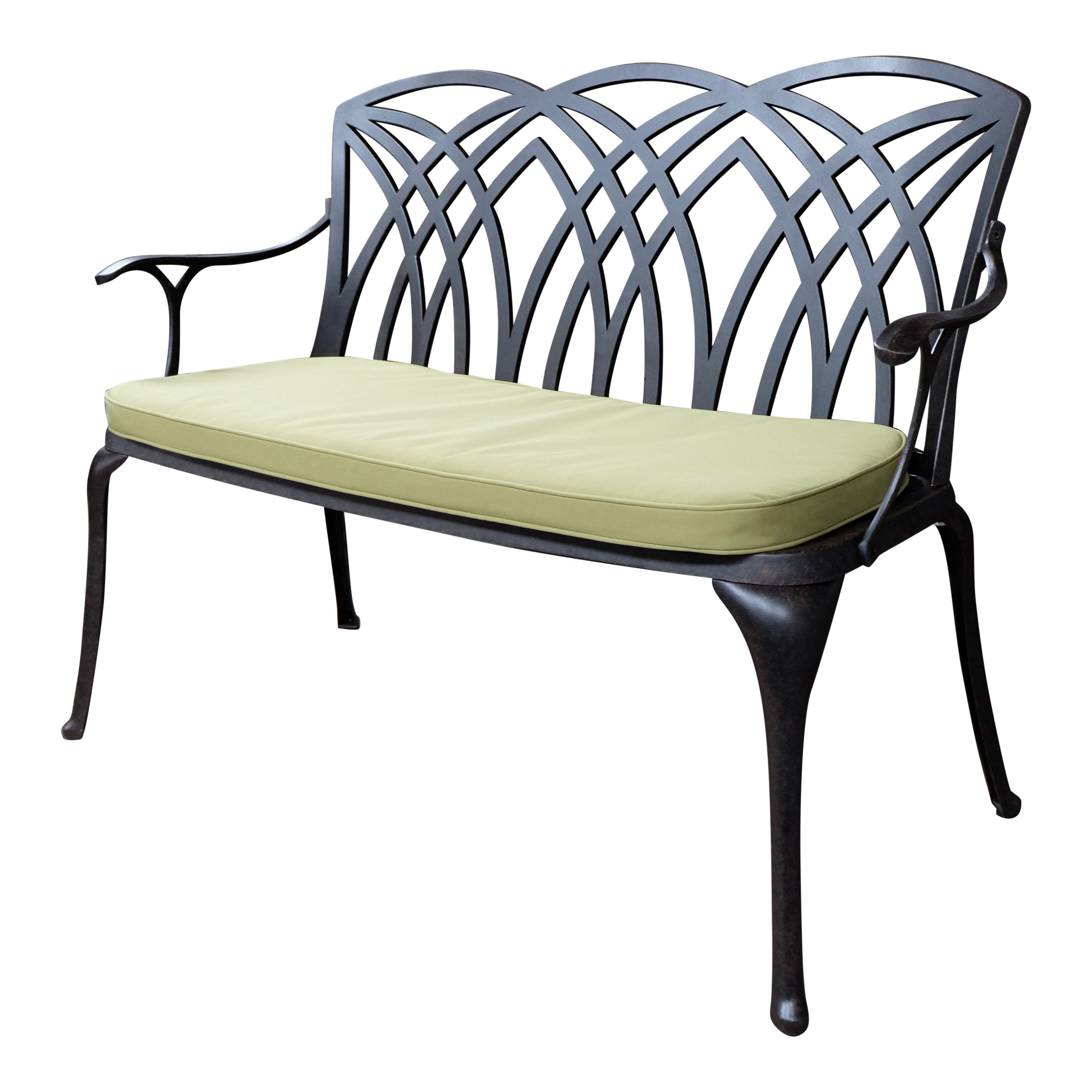 Lazy Susan Green Cushion April Metal Garden Bench, 2-Seater In Antique Bronze With Dark Blue Cushion, Weatherproof Aluminium Garden Bench | Cast Aluminium | Rust Proof | 3 Year Guarantee