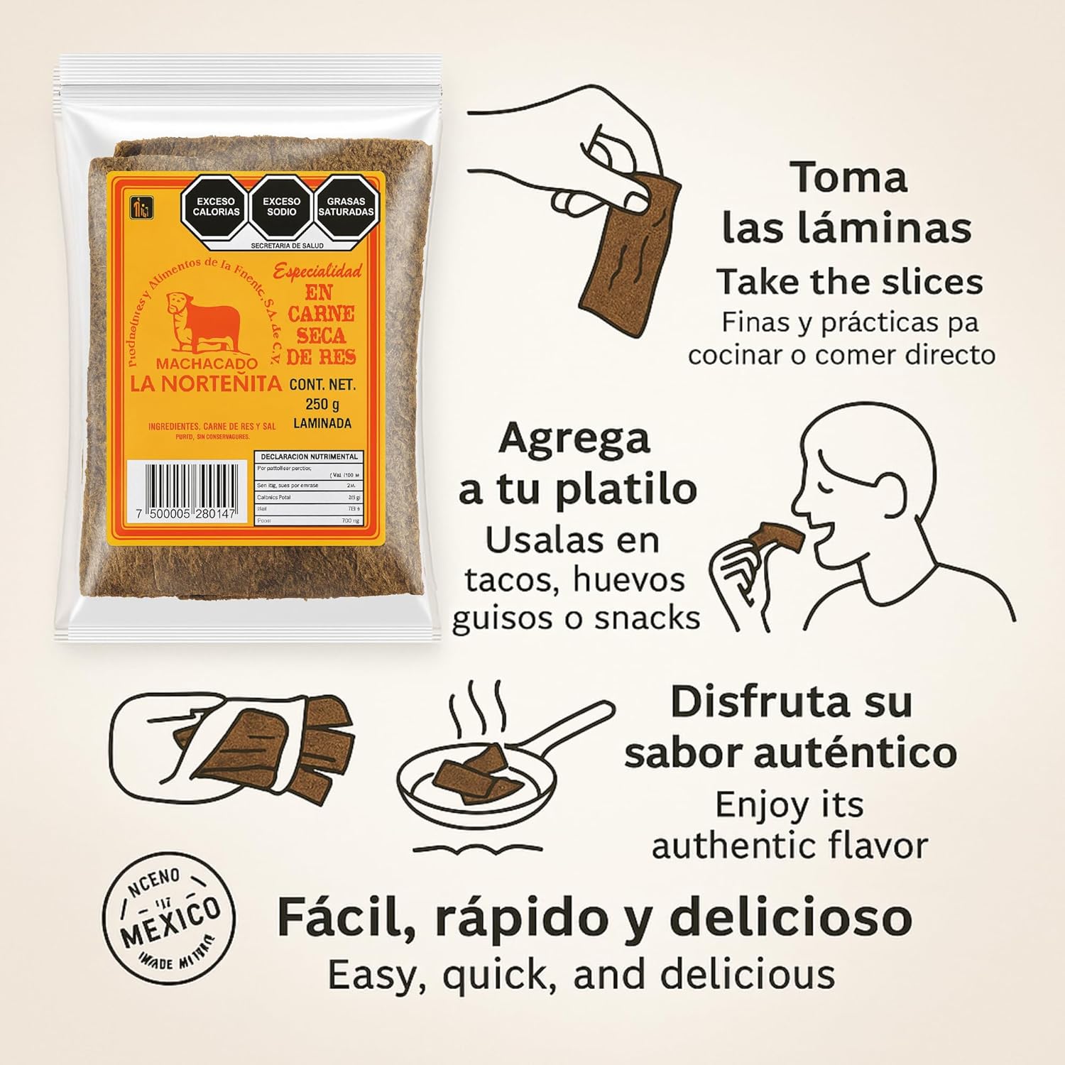 Sliced Beef Jerky LA NORTENITA Machacado Carne Seca de Res Laminada 250g (8.8 oz) Authentic Mexican Dried Beef Thin Cut High Protein Snack Traditional Flavor Ready to Eat Keto Friendly Mexican Food