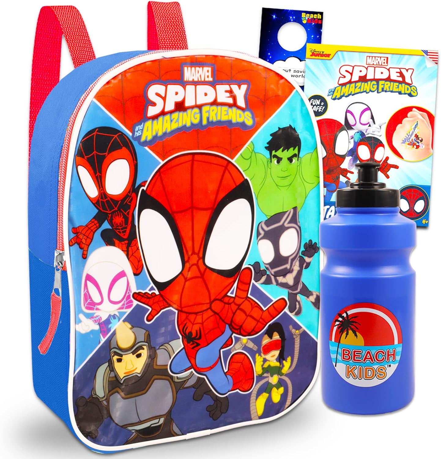 Spidey and Friends Mini Backpack Set - Bundle with 11" Spidey and His Amazing Friends Backpack Plus Tattoos, Water Bottle, More | Spiderman Mini School Bag Set