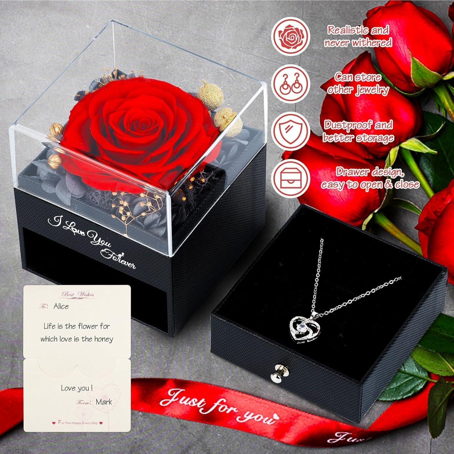 Rose Éternelle Dans Boîte Cadeau - 4 Fleurs Préservées + Carte Personnalisée - Amour Infini