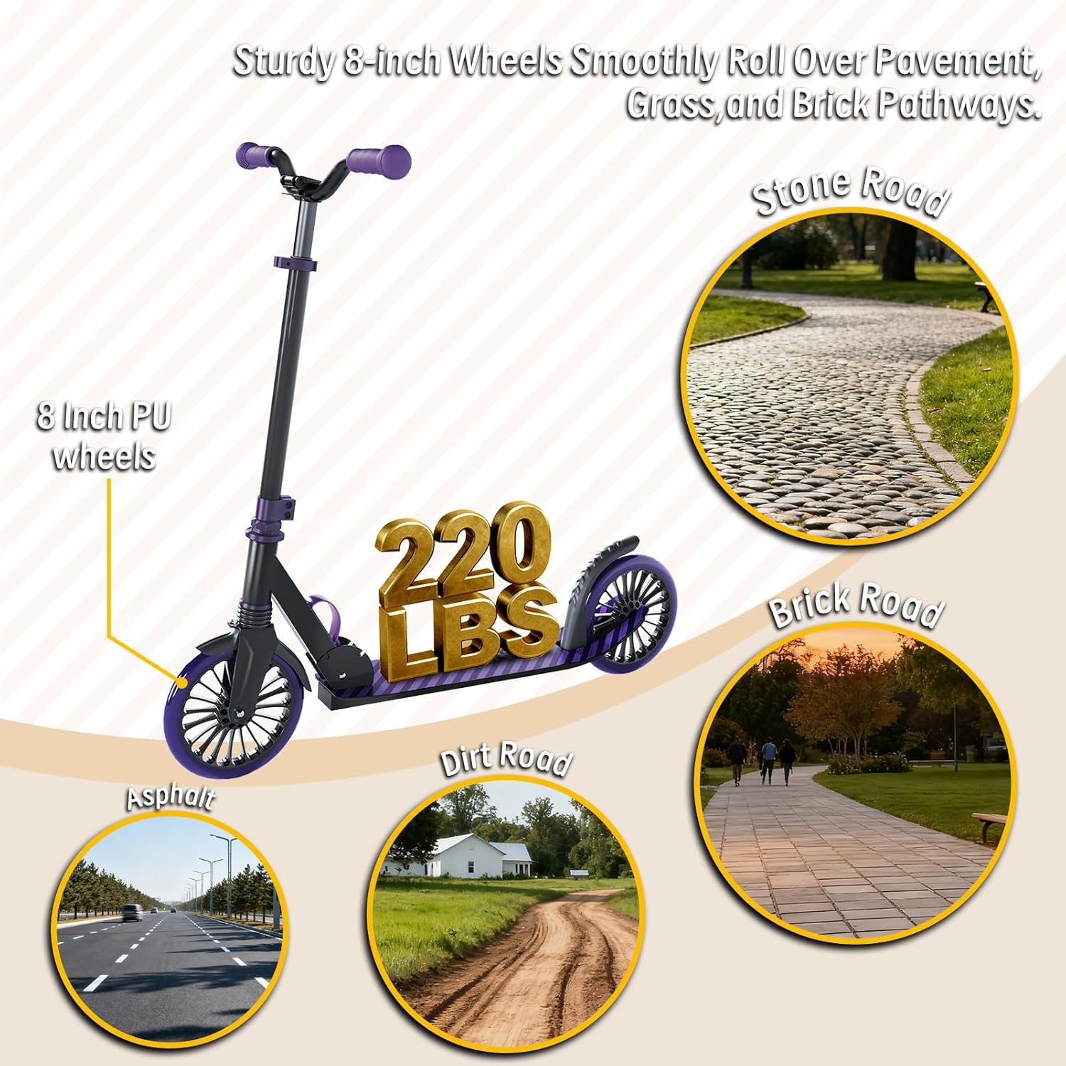 Scooter for Kids, Lightweight Foldable Kick Scooter, 4-Level Adjustable Handlebar, 8-Inch Large Wheels with Shock Absorption, for Ages 6 and Up - Image 5