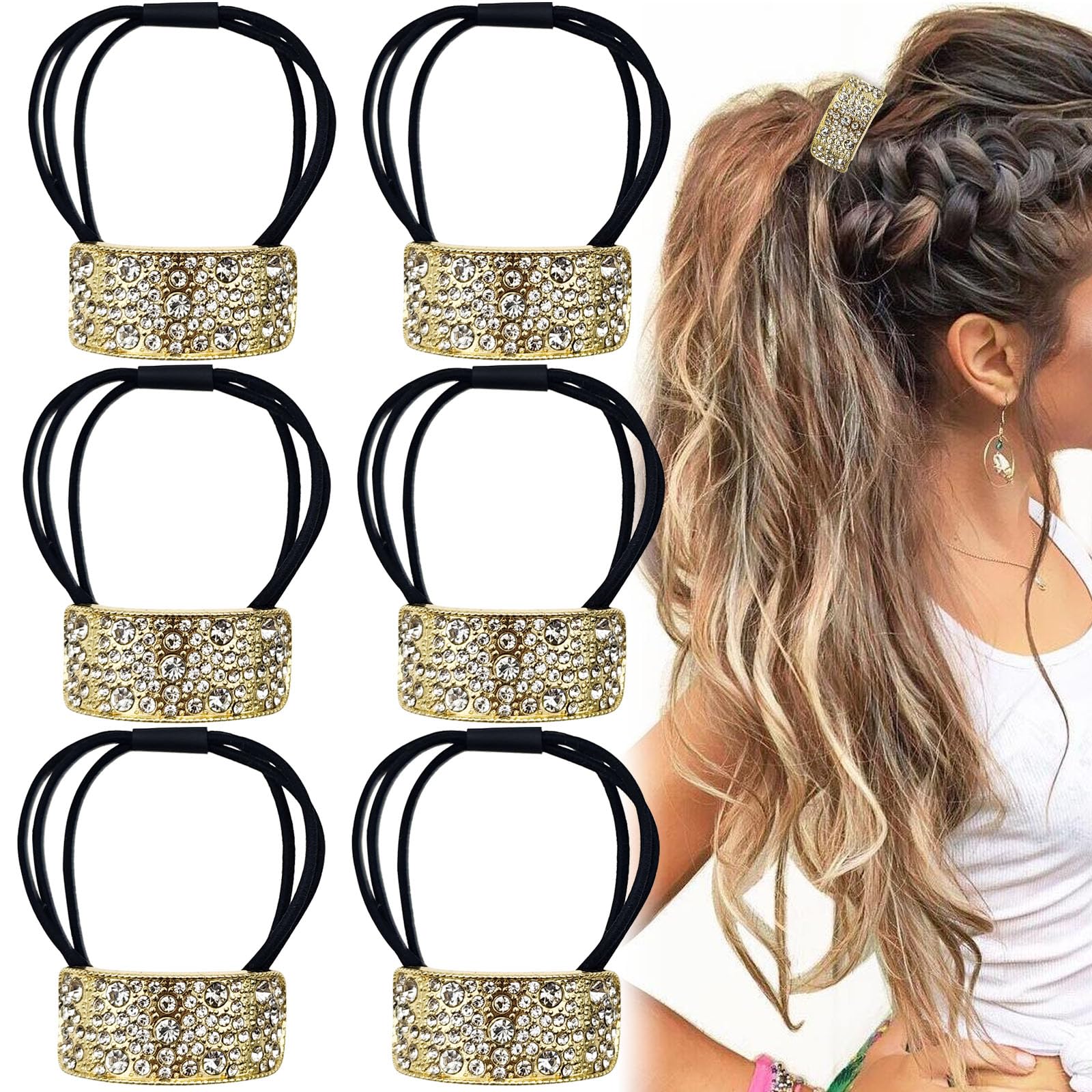 Arvintas6 PACK Sparkly Rhinestone Hair Ties Crystal Ponytail Holder Headband Bling Hair Bands Hair Clip Barrettes Glitter Elastics Scrunchies Fancy Hair Ties Hair Accessories for Women Girls (Gold)