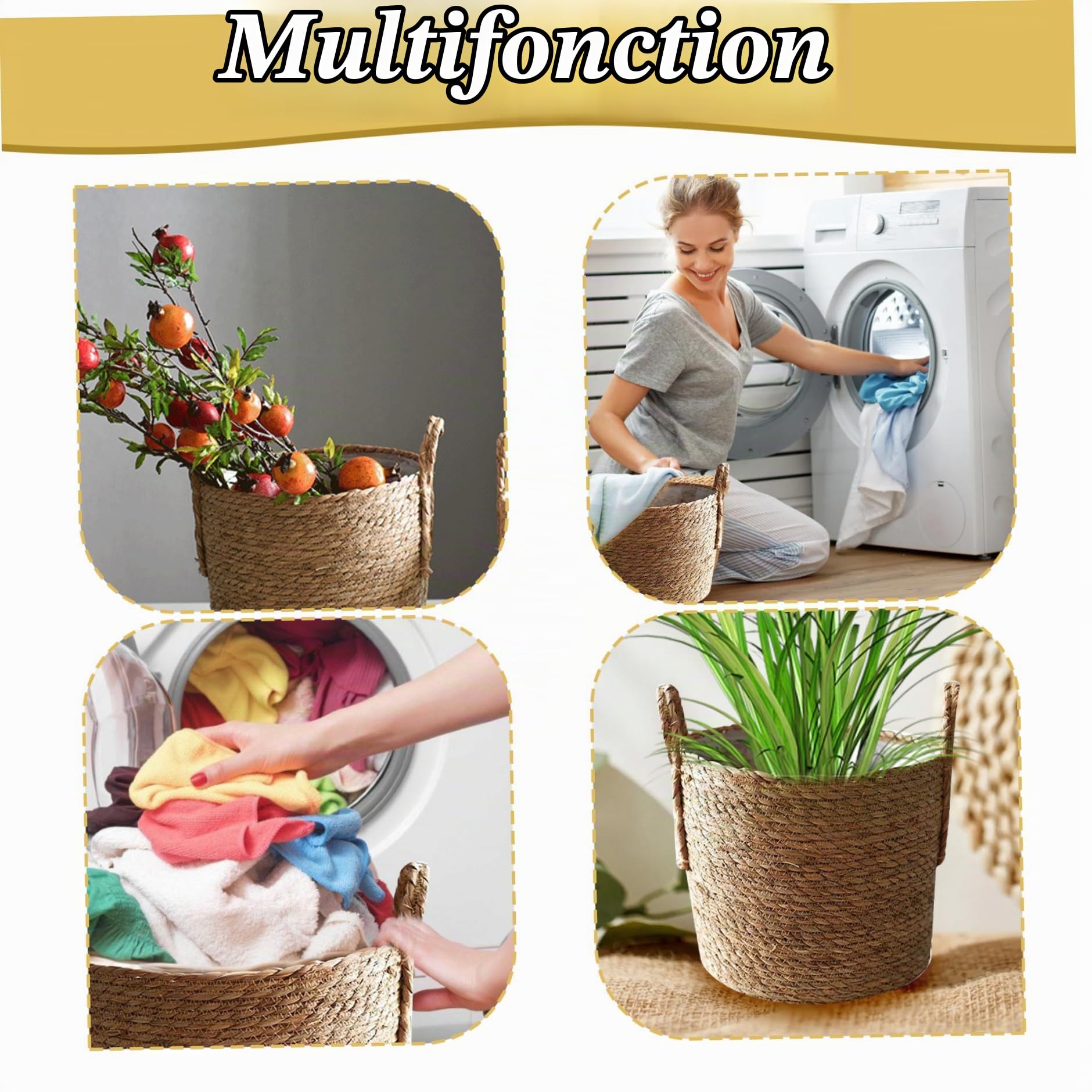 Panier végétal tissé, paniers de jardinières intérieurs de 25 cm Récipient de Rangement tissé avec doublures en Plastique Paille de Paille pour la Maison, S