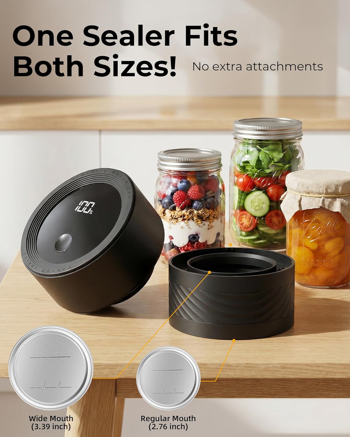 Electric Mason Jar Vacuum Sealer Kit with Auto-Stop, 1200mAh Cordless Jar Vacuum Sealer for Wide & Regular Mouth Mason Jars, Portable Automatic Vacuum Sealer with 10 Lids & 2 Vacuum Bags