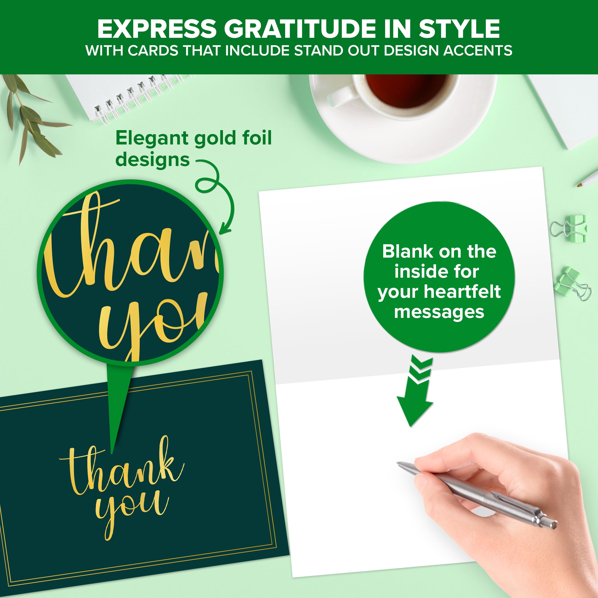Decorably 24 Pack Gold-Foiled 6x4in Green Thank You Cards with Envelopes and Stickers - Image 4