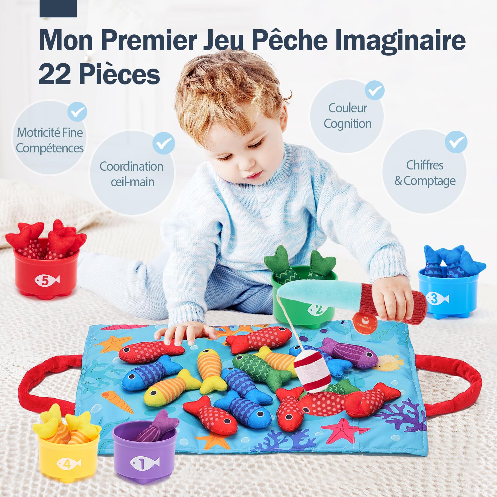 hahaland Jouet Bebe 1 an, Jeux Montessori Pêche a la Ligne pour Enfant 1 2 3 Ans, Jouet Éducatif pour Développer la Motricité Fine, Cadeau pour Garcon Fille 6 9 12 18 Mois
