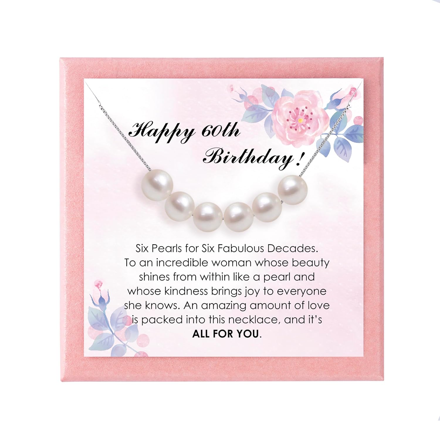60th Birthday Silver Pearl Necklace for Women  Perfect Birthday, Valentine's Day, Romantic Gifts and Mother's Day Gift for Girlfriend, Wife, Mom, and Friends
