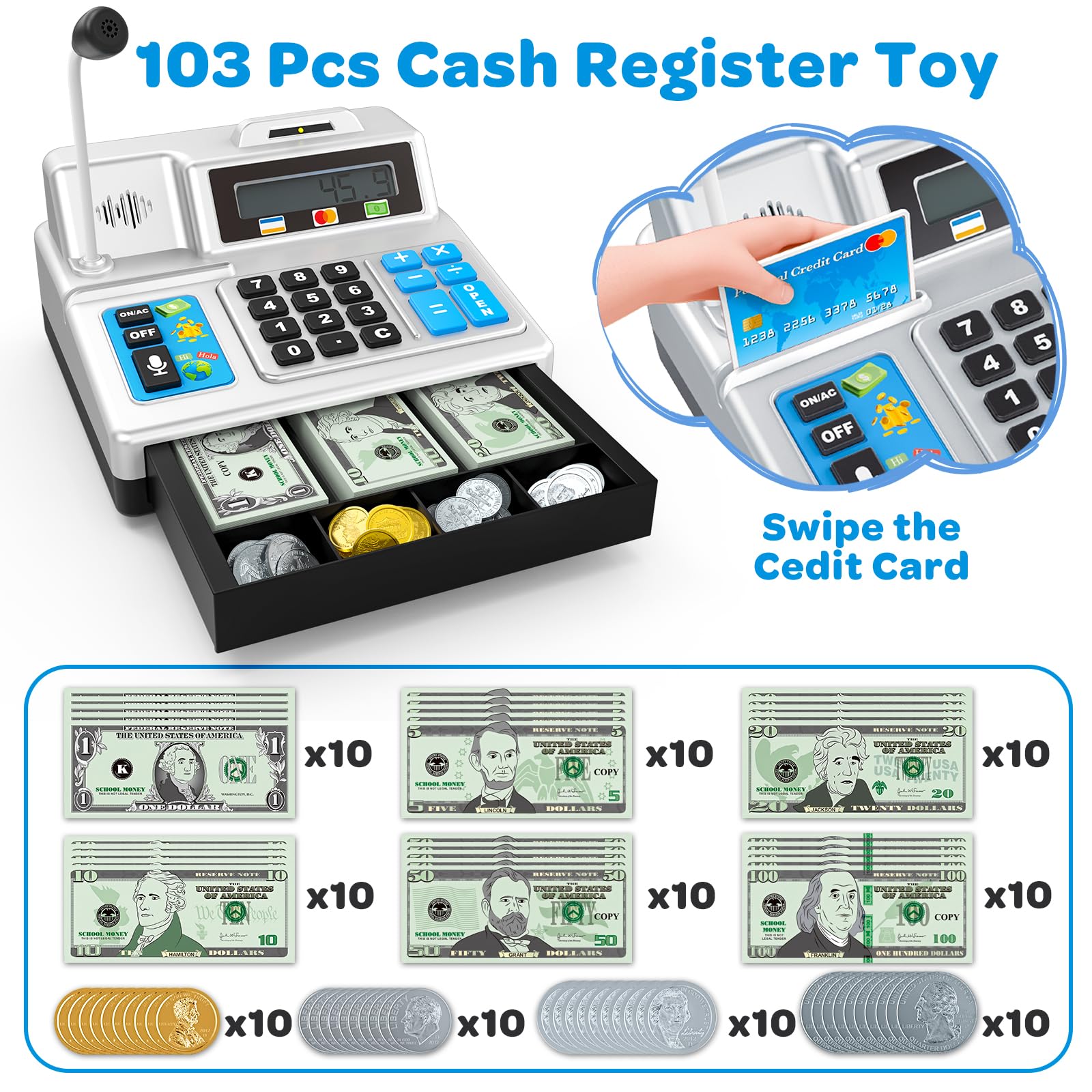 Calculator Cash Register Toy Gift For Kids Age 3, 4, 5, 6, 7, 8+ Year Old,  103 Pcs Pretend Grocery Store Playset
