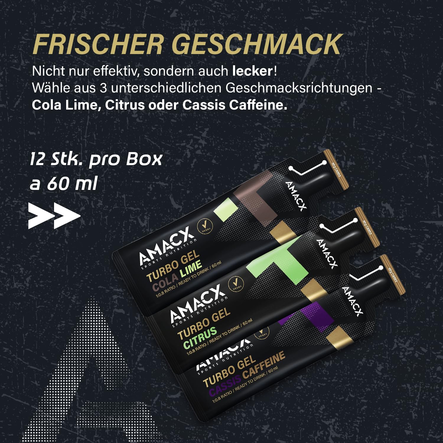 AMACX Turbo Energy Gel per Atleti di Resistenza con Caffeina e 40g di Carboidrati – Confezione da 12 – Gel Energetico Ciclismo y Running – Carbogel con Sali Minerali Integratori – Cassis/Caffeina