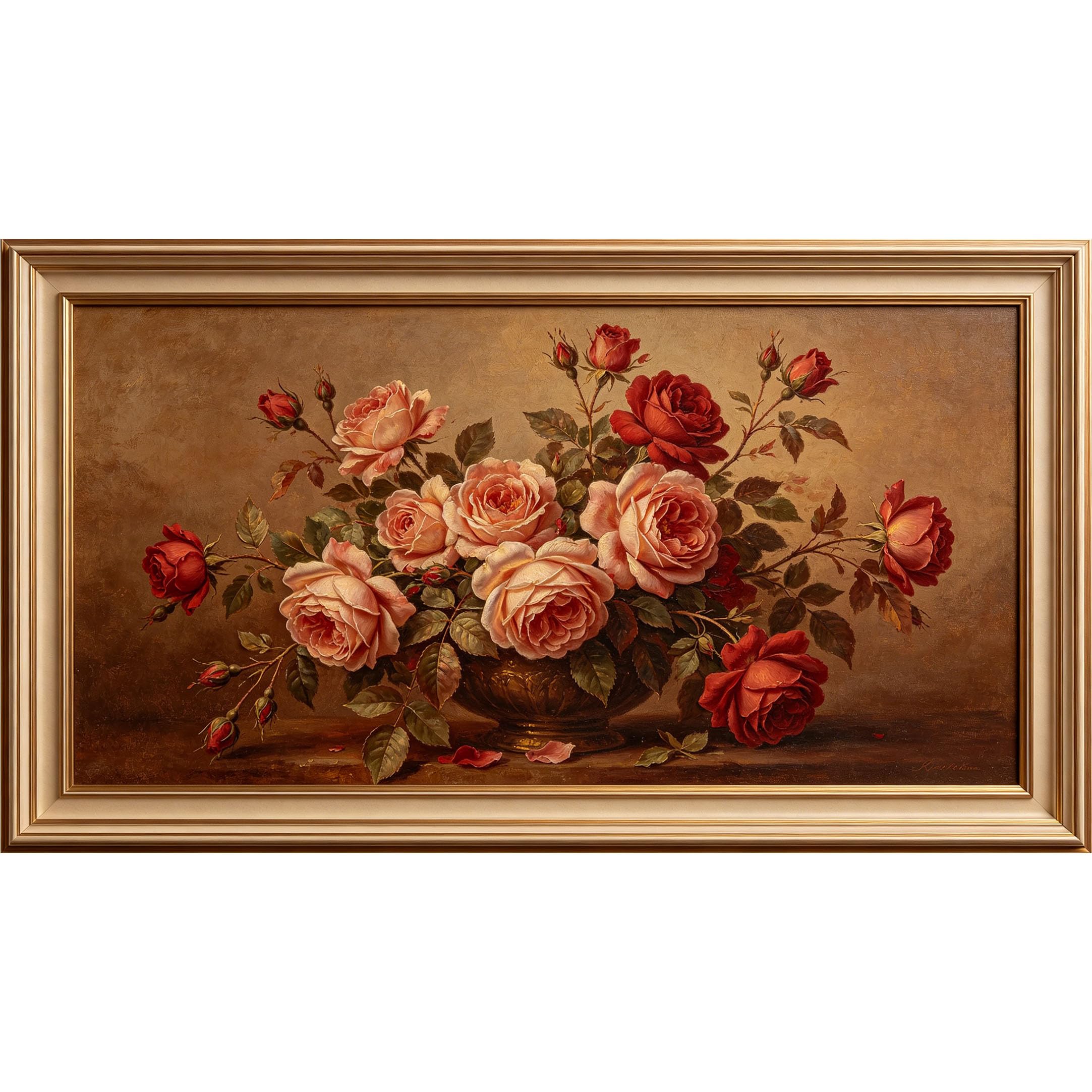 QZLITHOTIC 50x90cm3D Framed Wall Art， Vintage Oil Painting Rose Bouquet Botanical Floral Still Life SelfAdhesive Mural， WaterActivated Peel & Stick Fabric Decor Wall Decal for Bedroom Living Room