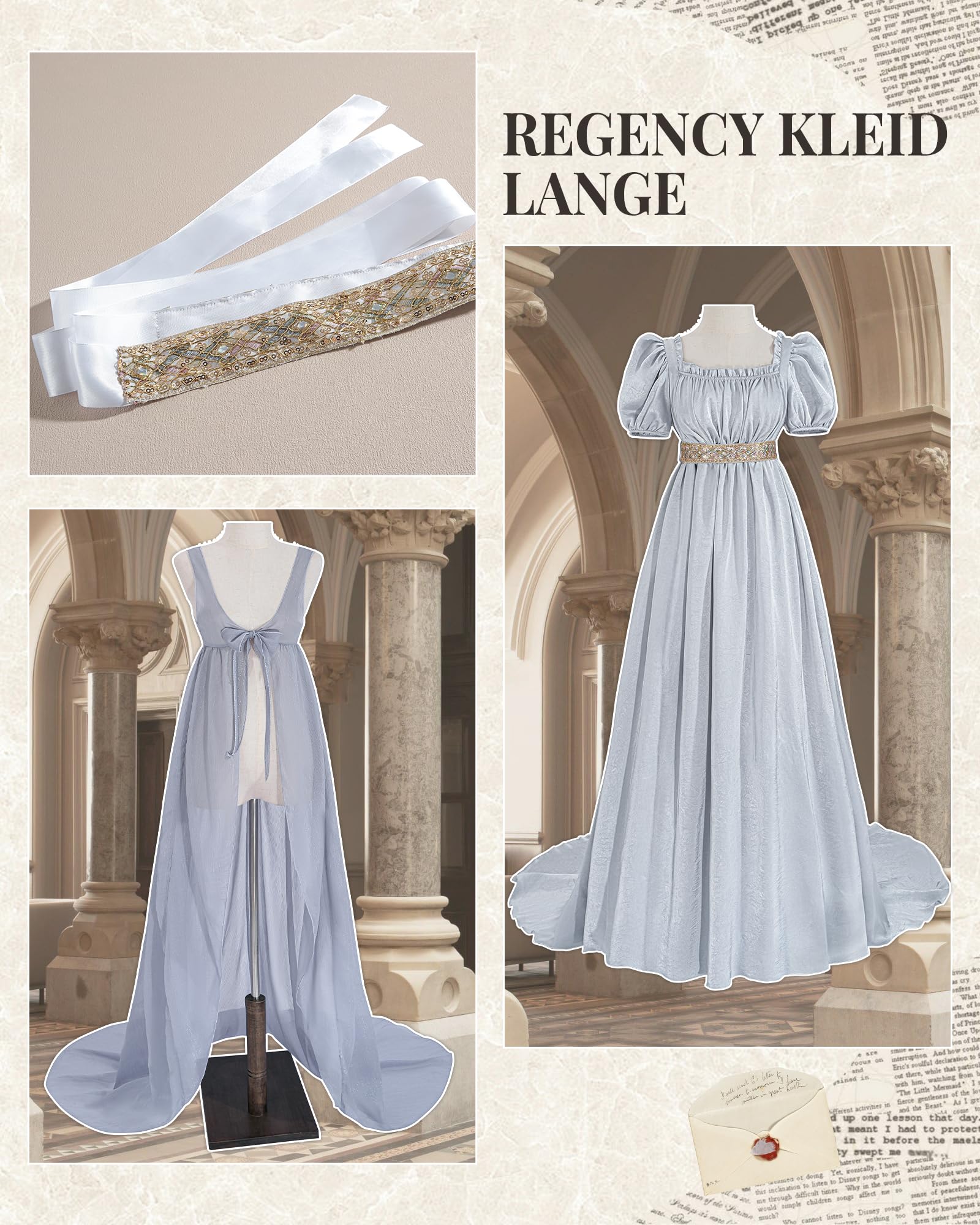 Regency Robe de soirée victorienne pour femme - Robe de soirée longue avec couvre-lit, ceinture et gants - Costume pour bal, carnaval, Halloween