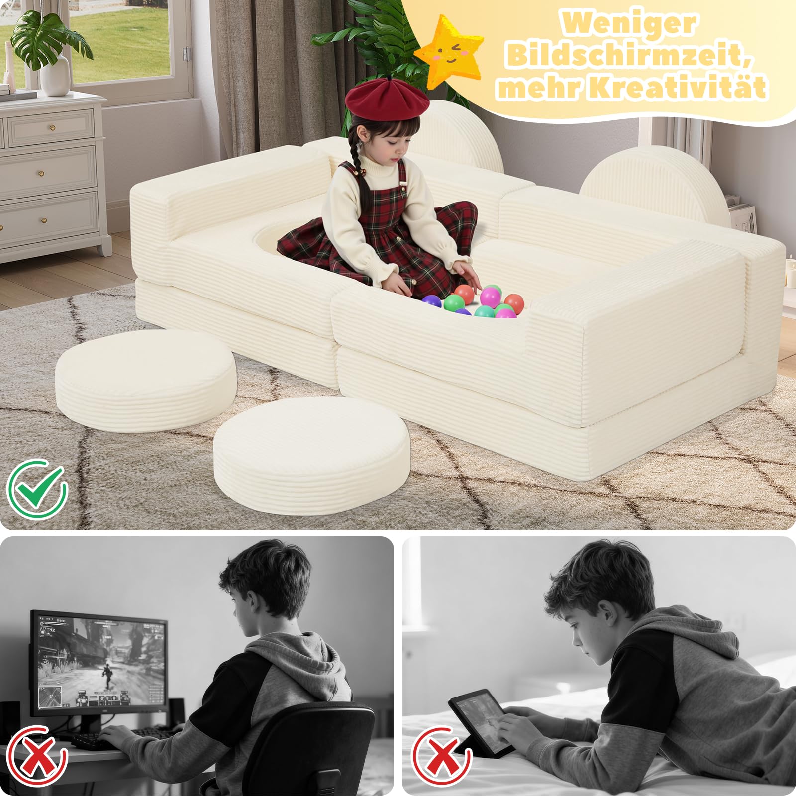 MeMoreCool Modulsofa 8-teilig Cord – Weiche Schaumstoff-Sitzlandschaft für Kinderzimmer & Wohnzimmer Flexibel anpassbar | Waschbare Bezüge | Kindersicheres Lounge-Sofa für Spielen & Entspannen, Beige