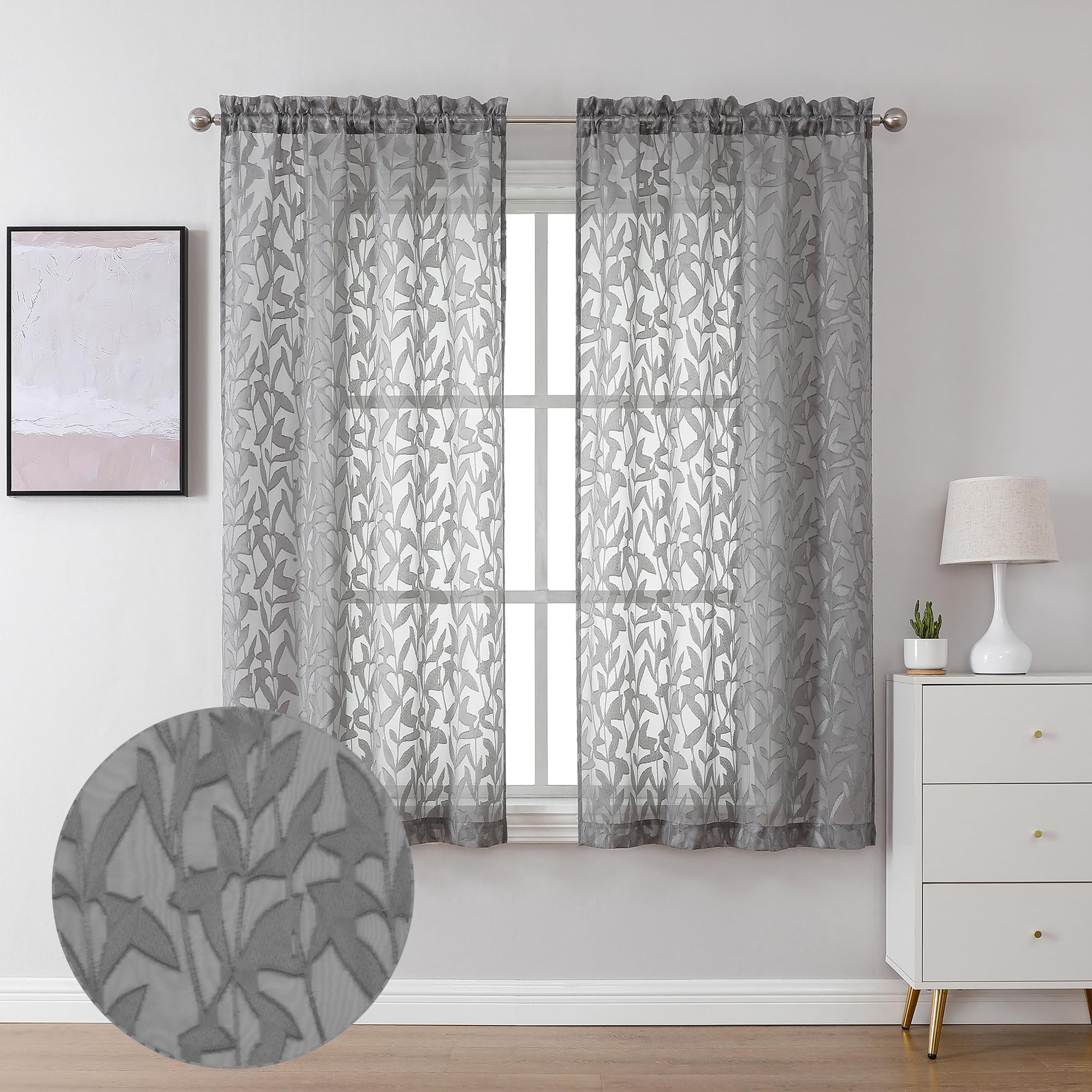 Lecloud Leia Clip Textured Charcoal Grey Sheer Curtains 63 Inch Length 2 Panels, Light Filtering Jacquard Leaf Voile Gray Curtain with Dual Rod Pockets, Kitchen/Bedroom/Living Room Drapes, 38W x 63L