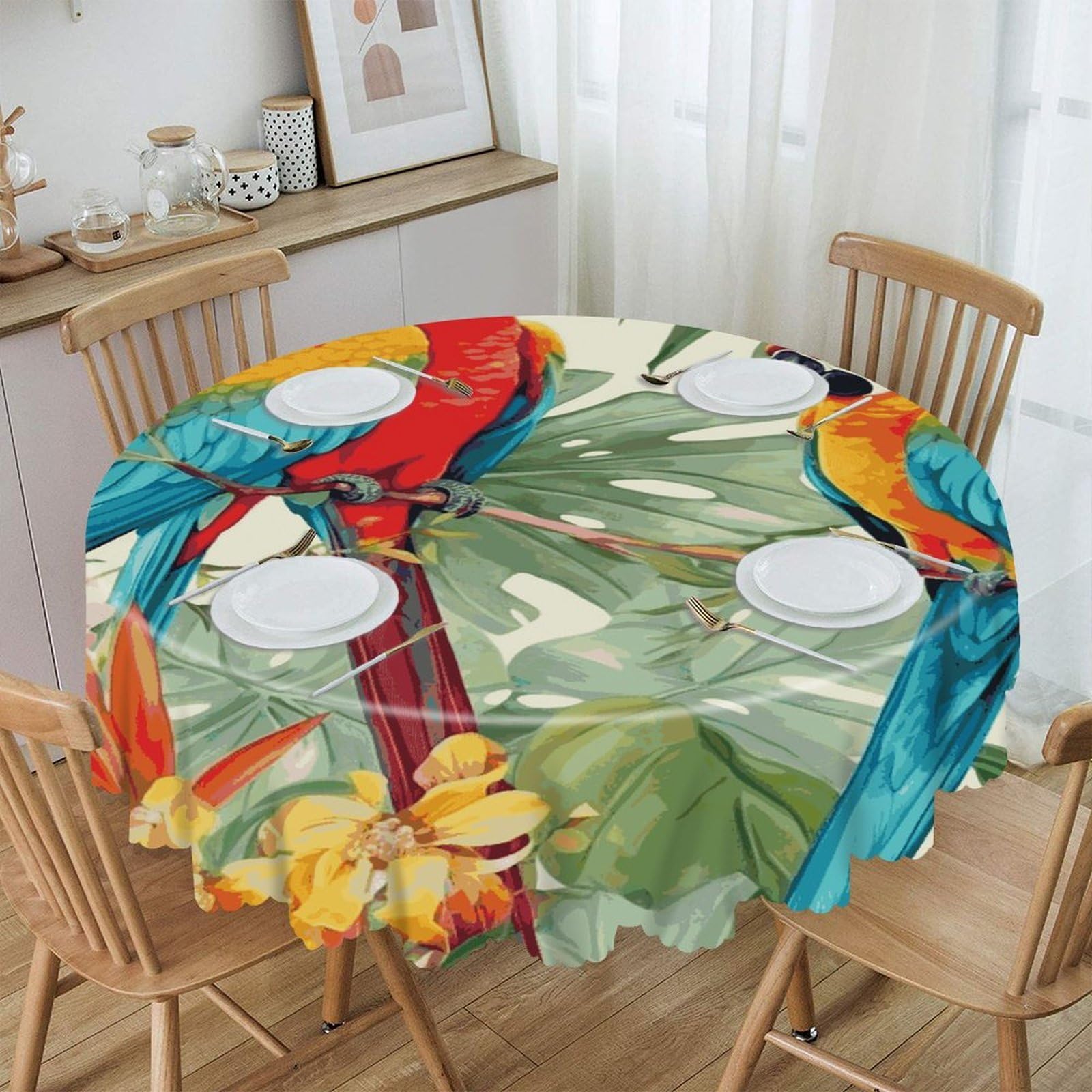 VstaDank Tropical Plants and Parrots Round Tablecloth 60 Inch Easy to Clean Circle Table Cover Thick Decorative Round Polyester Table Cloth for Dining Kitchen Party Farmhouse Outdoor