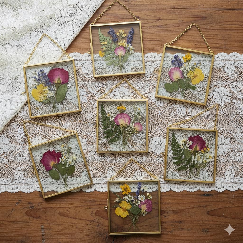 Dual Glass Pressed Flower Frames Stylish Metallic Home Decor,6 Pack 3x3 Floating Photo Frames with Metal Chain for Dried Flowers, Plants, Artwork Display, Horizontal Vertical Floating Picture Frame Sets,Golden