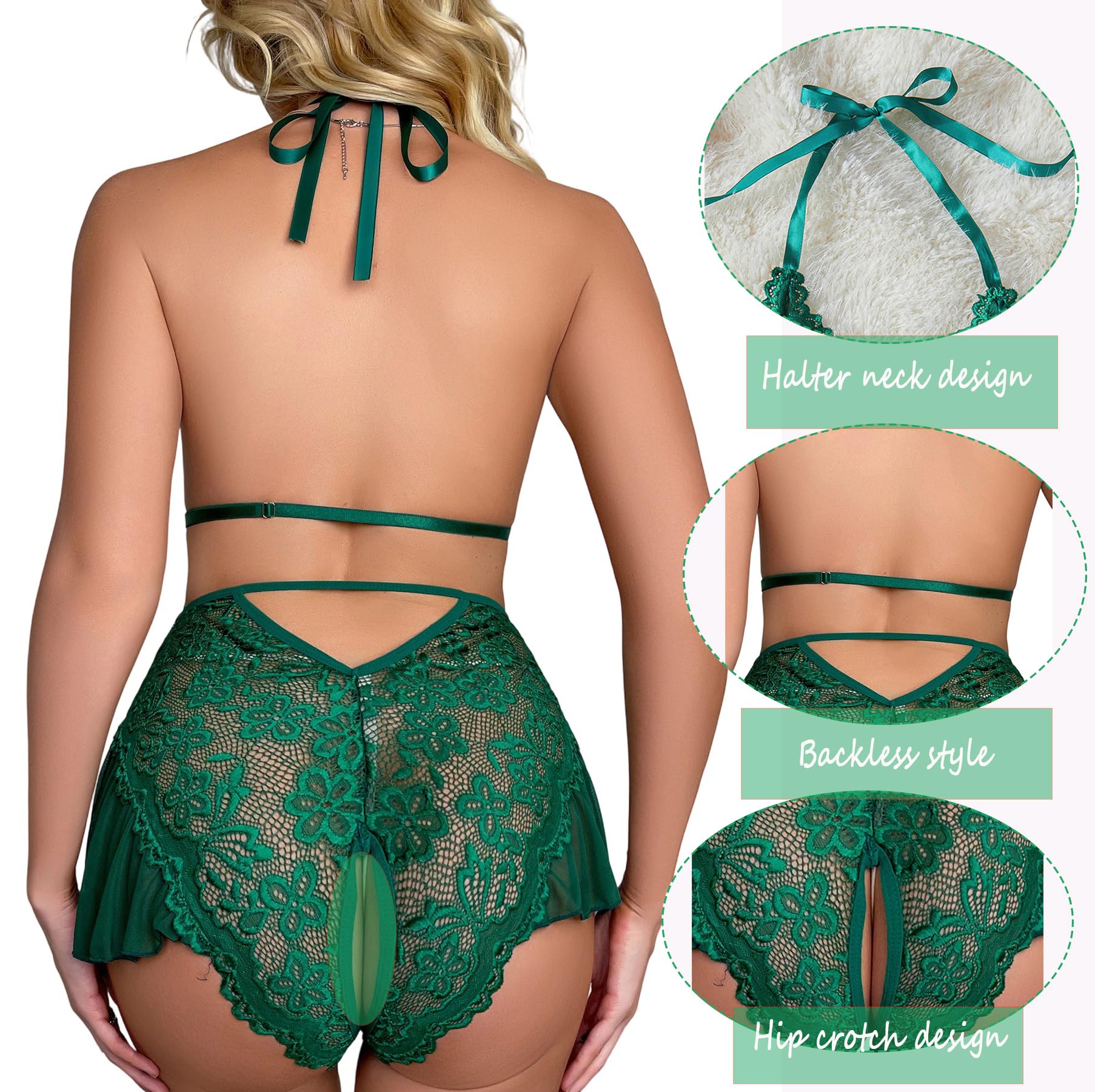 WBDWWTD Nuisette Sexy pour Femme en Dentelle Florale - Body Dos Nu en V Profond - Une pièce Dos Nu - Chemise de Nuit Creuse - Jupe en Maille - Patchwork - Chemise de Nuit pour Femme pour la
