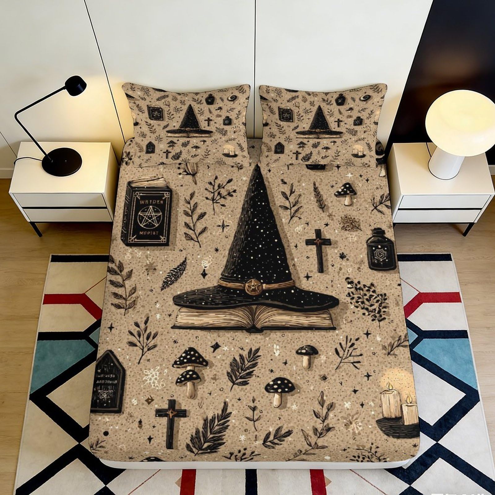 3D Printed Witch Hat Fitted Sheet Microfiber Soft Breathable Occult Pattern Mattress Cover for Bedroom Dormitory Guest Room Protection Decor 140x200x25cm