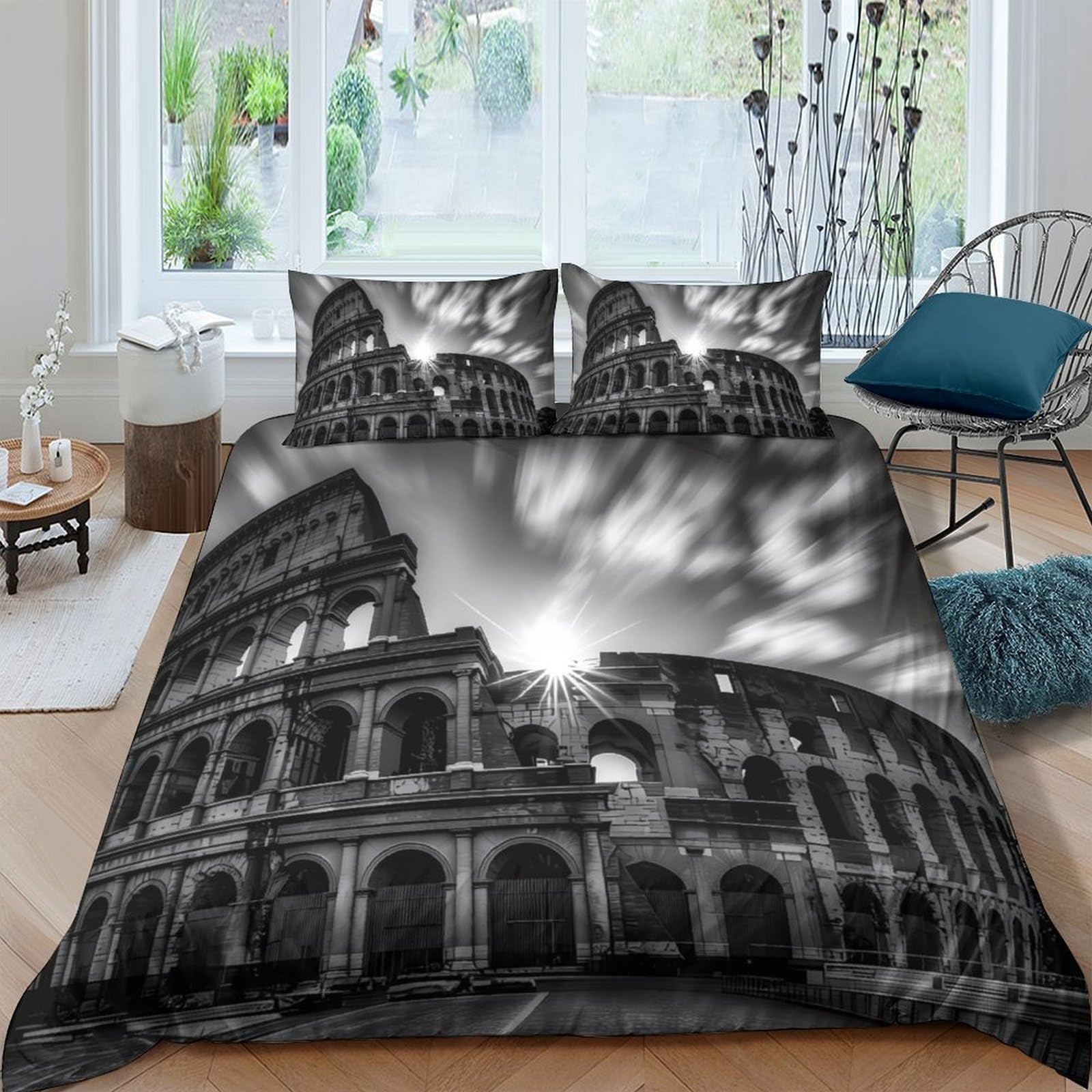 Ctjqhvkz Style-8 3D Printed Colosseum Sunset Fitted Sheet Microfiber Black White Rome Mattress Cover Bedroom Decor For Home Guest Room Single（135X200cm）