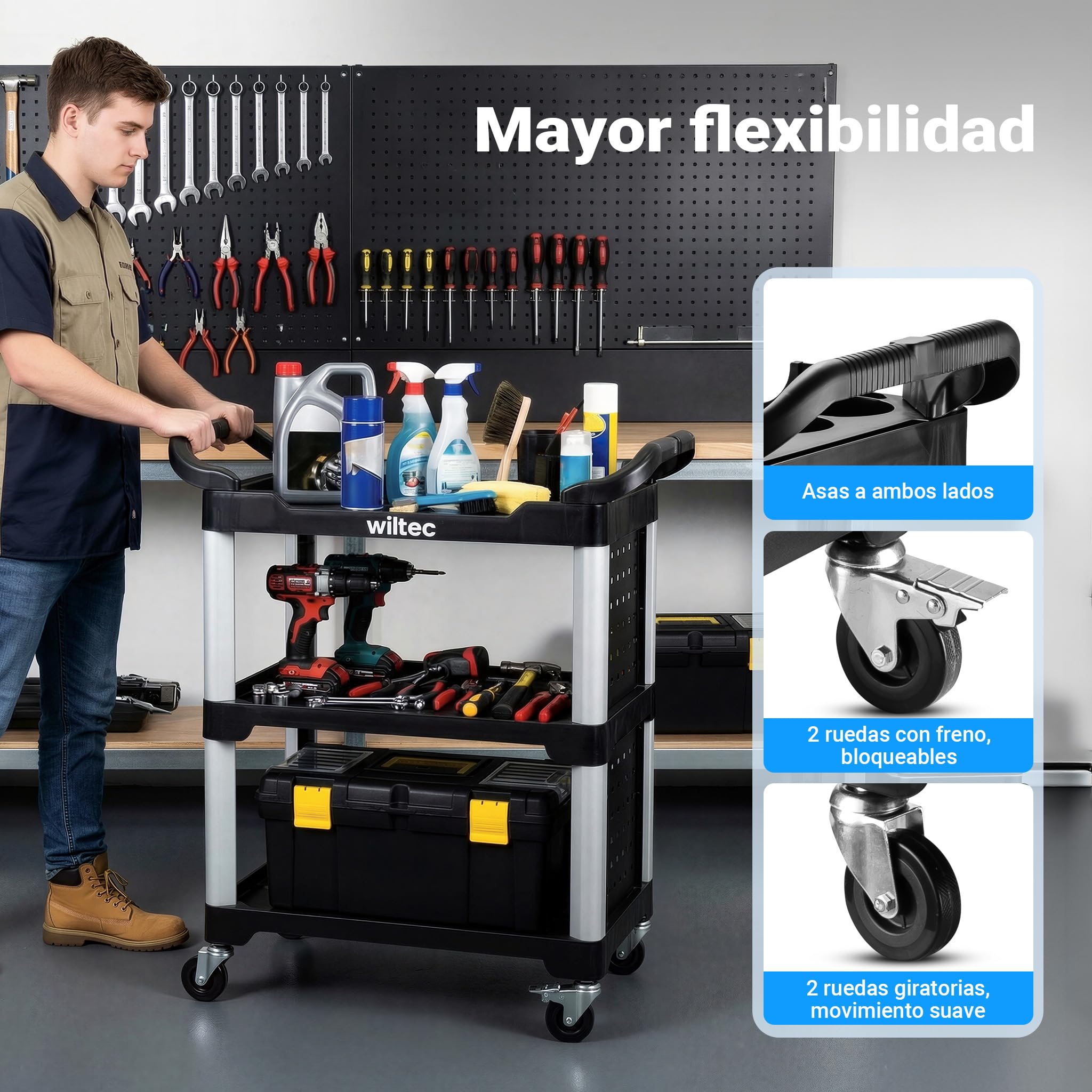 Wiltec Carro de 3 Niveles Tipo 02 con Capacidad de Carga de 120 kg, Carro de Taller 67 x 43,5 x 97 cm de plástico