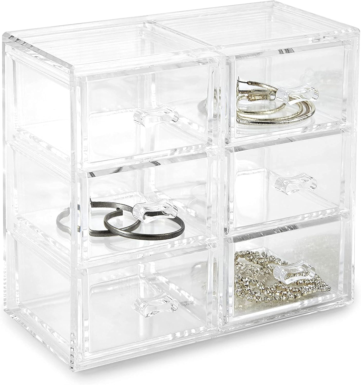 Huang Acrylic Stackable Upright 6-Drawer Jewelry Organizer Crystal Clear Acrylic | Makeup Jewelry Accessories Cosmetic Countertop Storage Display 3.15 x 5.75 x 6.75 inches | Shatter-proof Design