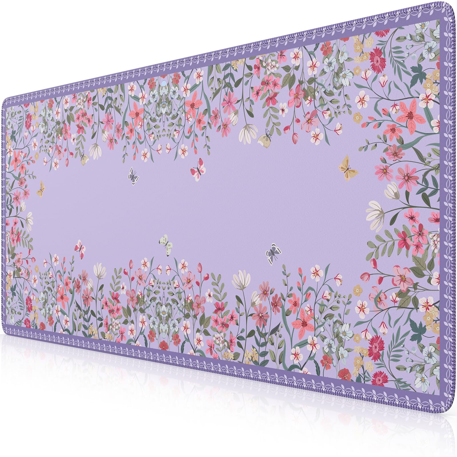 iCasso Desk Mat for Keyboard and Mouse,Cute Desk Pad Large,Anti-Slip Floral Computer Mat for Women,Girly Gaming Mouse Pad for Home Office (Purple)
