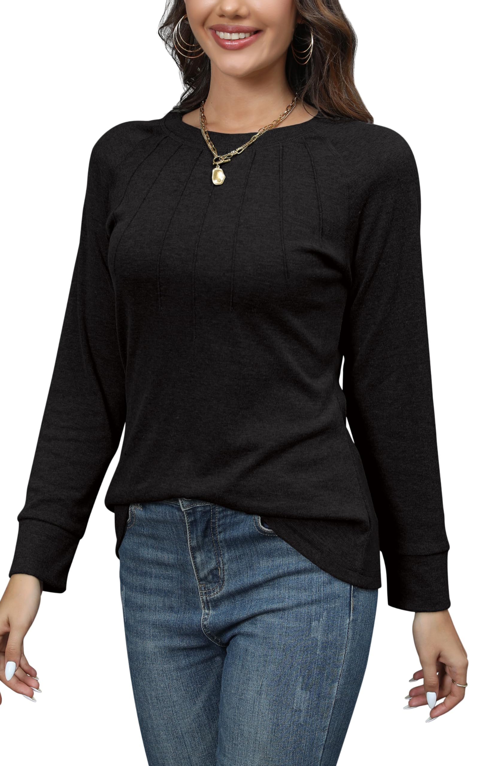 SUPERSUNLadies Long Sleeve Tops Pleated Basic T Shirts Raglan Plain Casual Blouses for Women Going Out Clothes
