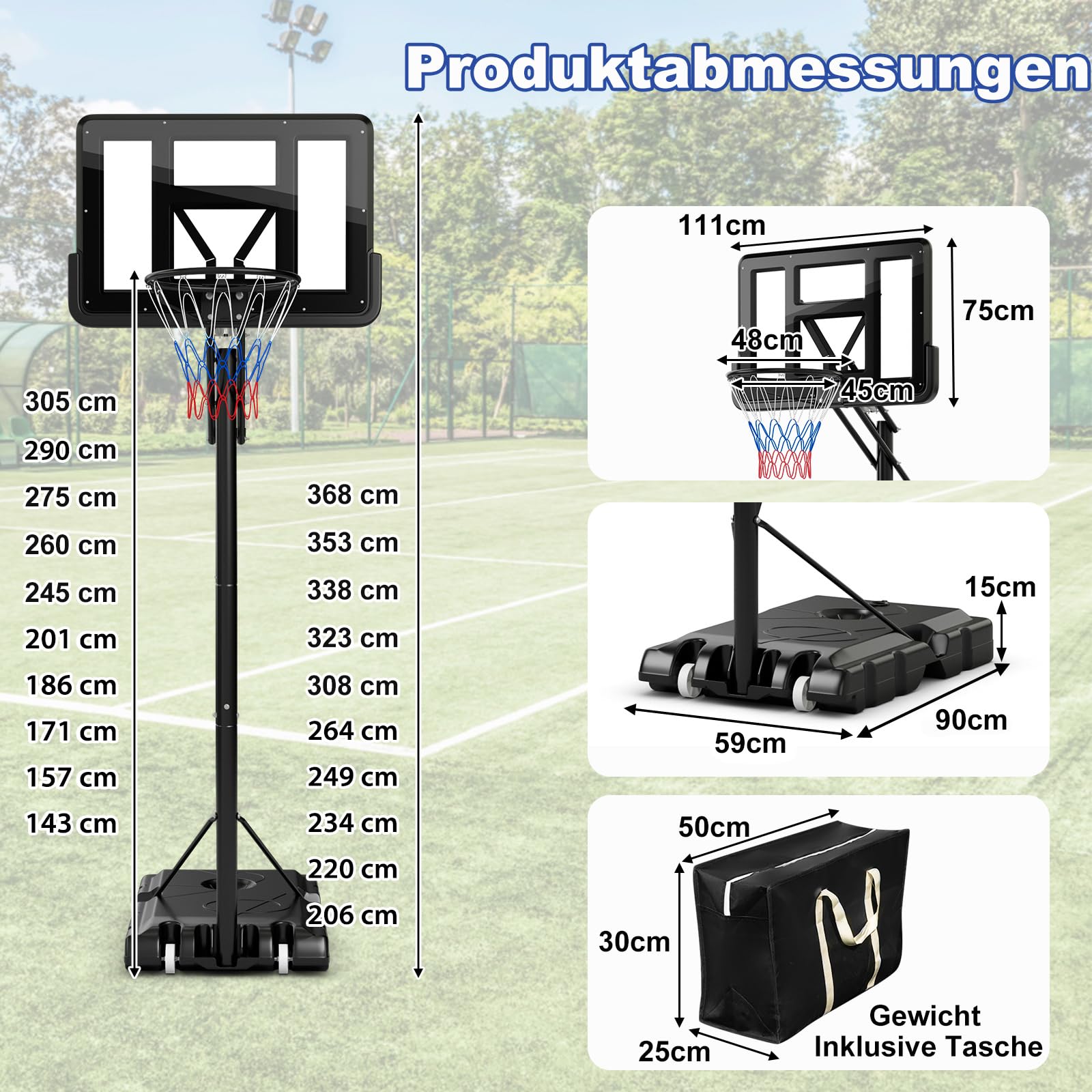 COSTWAY Basketballkorb Outdoor höhenverstellbar 135-305 cm, Basketballständer mit 2 Rädern & Gewichtssack, Mobile Korbanlage für Kinder Erwachsene