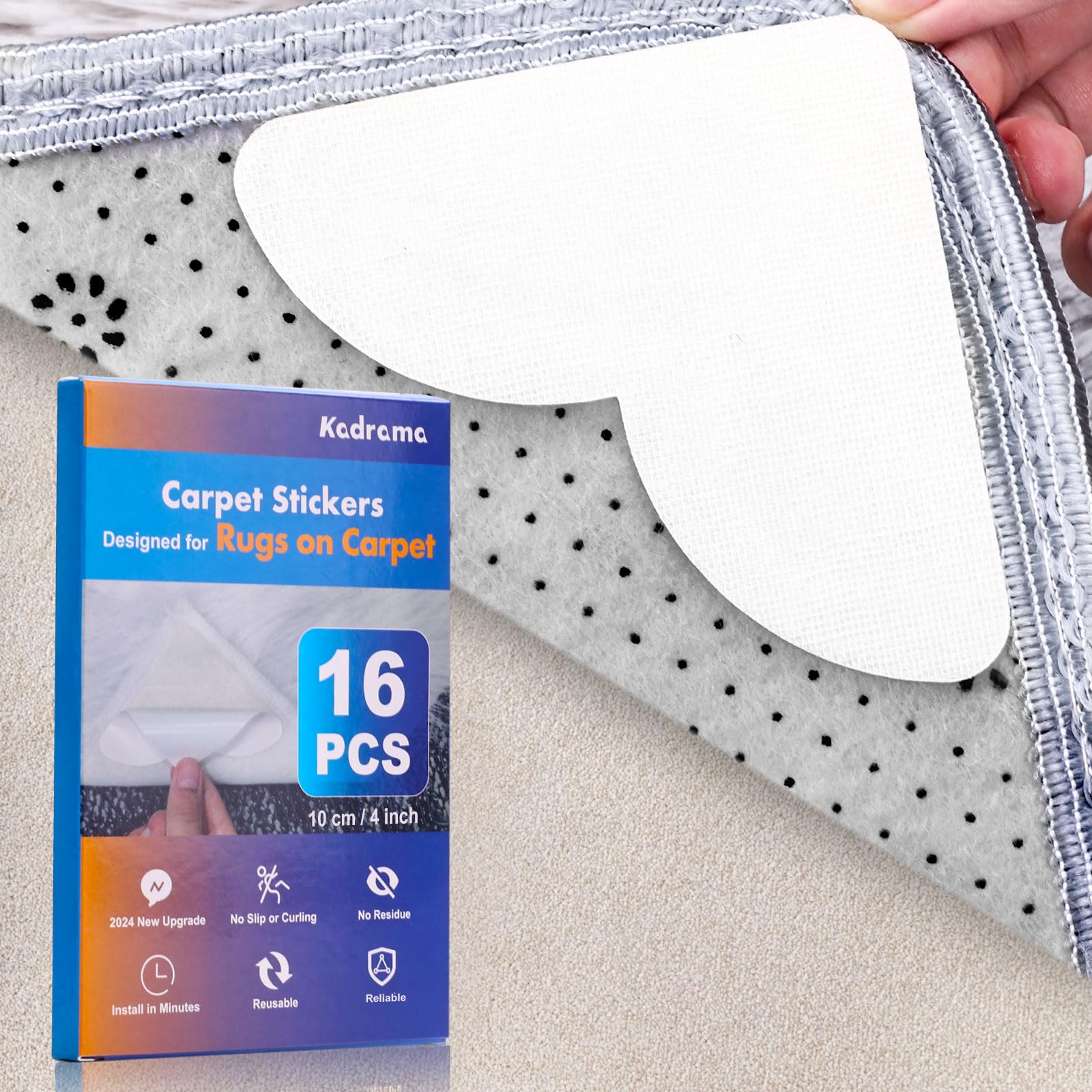 Kadrama 16-Pack Carpet-to-Carpet Rug Grippers | Cloth-Backed Heavy-Duty Anti-Slip Pads | Secure Rugs Over Carpets, Tiles, Hardwood | Prevent Sliding, Curling, Tripping (4