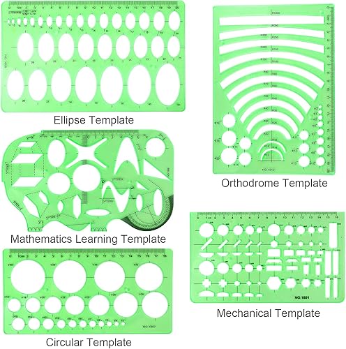 Miniatura 4 de BetyBedy - 11 plantillas de dibujos geométricos, herramientas de medición, plantillas de dibujo, formas de regla verde transparente con una bolsa