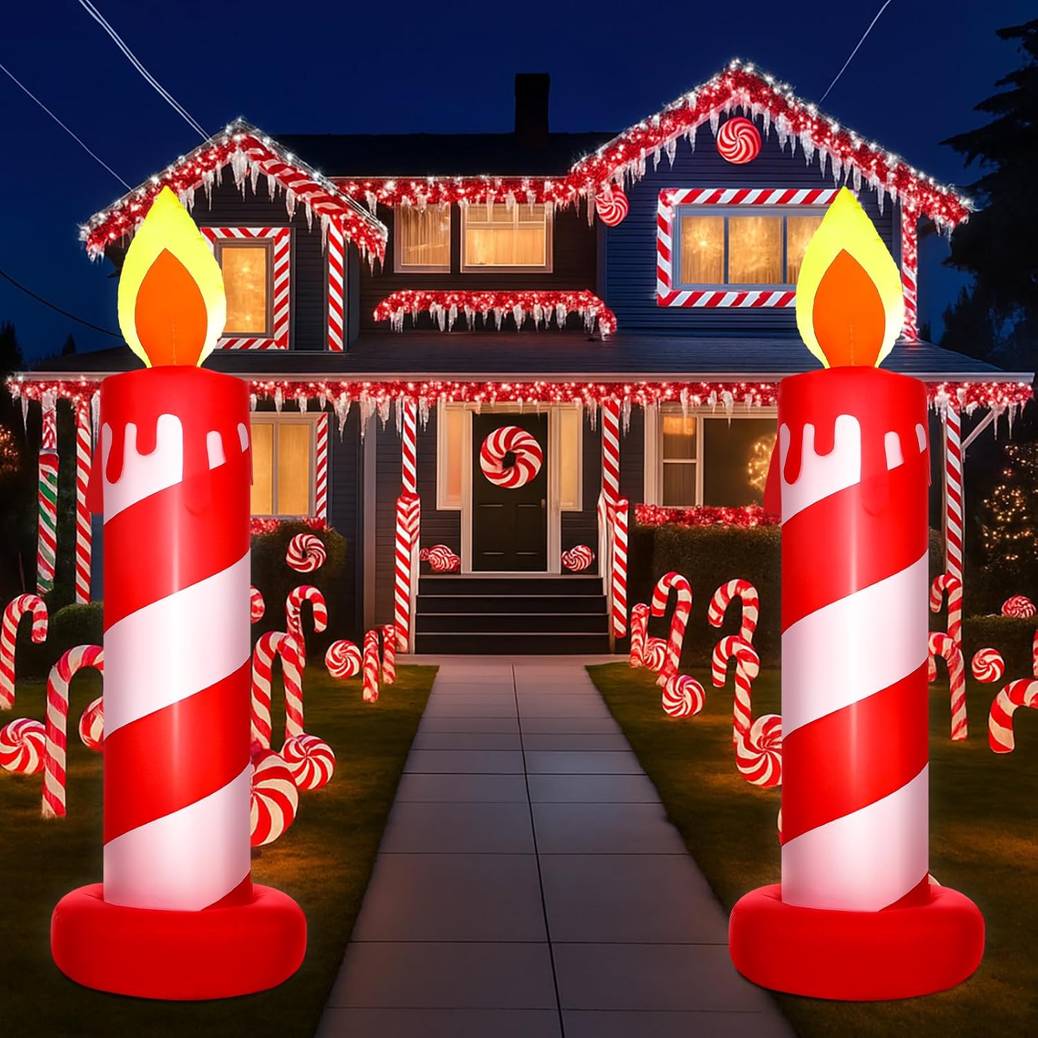 VIHOSE 2 Pcs 6.89 FT Christmas Inflatables Candy Cane Candle Outdoor Decorations, Built-in Bright LED Lights,Large Blow Up Red and White Candy Canes Outdoor Decor for Xmas Holiday Lawn Yard Garden