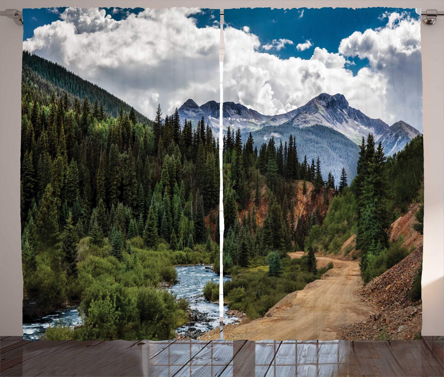 LunarableAspen Tree Curtains, Colorado Outdoor River View of Fascinating Nature Scene of Stream and Forest, Living Room Bedroom Window Drapes 2 Panel Set, 108" X 84", White Green