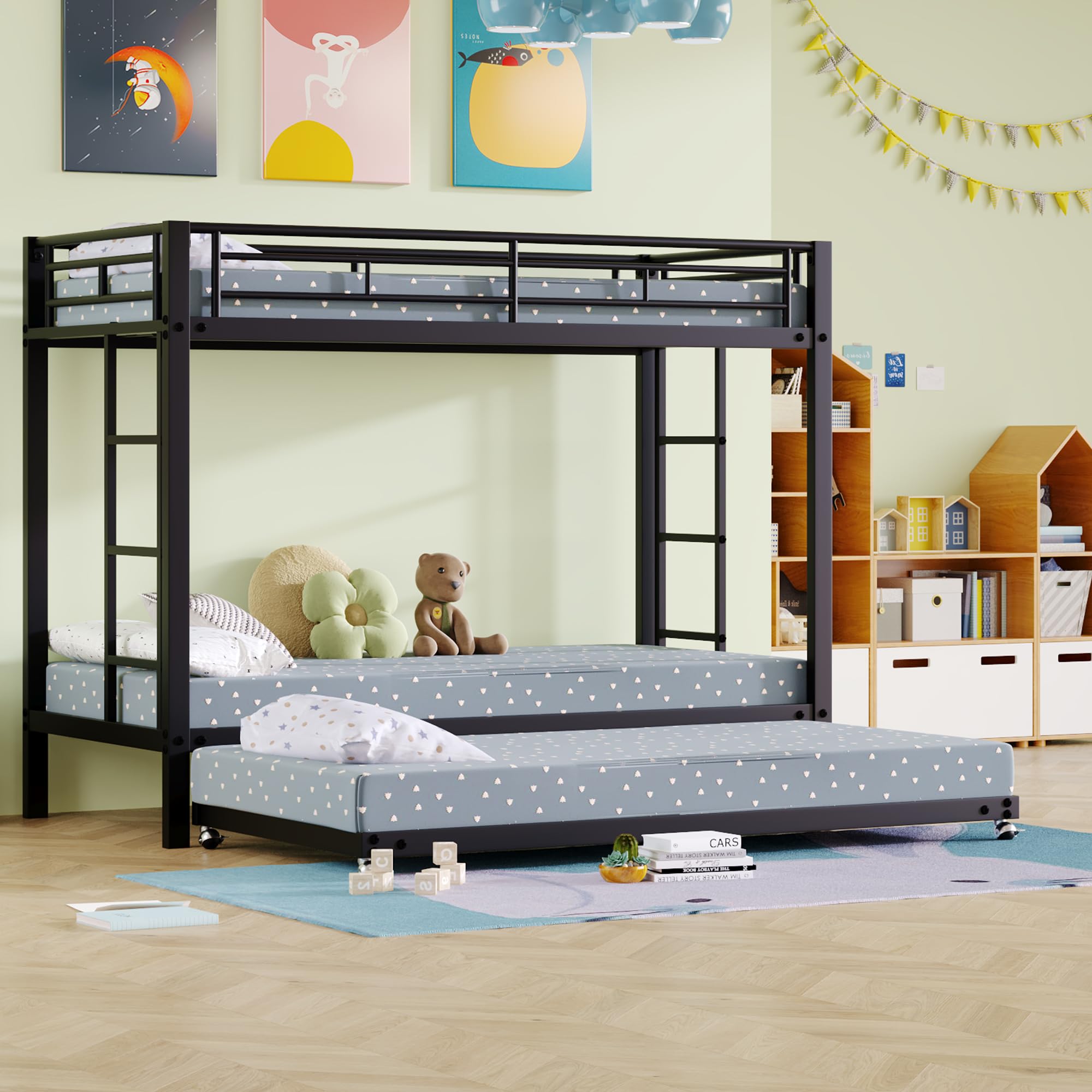 Azkoeesy Letto a castello 90x200 cm per 3 bambini e adulti - Letto estraibile - Struttura in metallo stabile - 2 scale (nero)