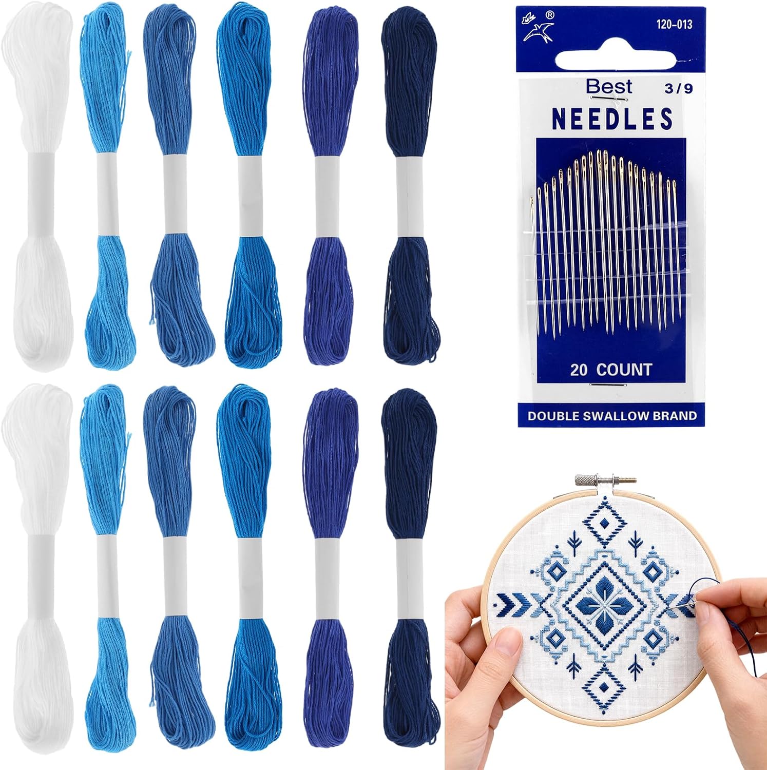 32 Pcs Sashiko Thread Kit Includes 12 Strands Blue Sashiko Thread and 20 Needles, Cotton 8.75 Yards/8 M Each, Embroidery Accessories for Denim Mending Sewing Hand Quilting Supplies