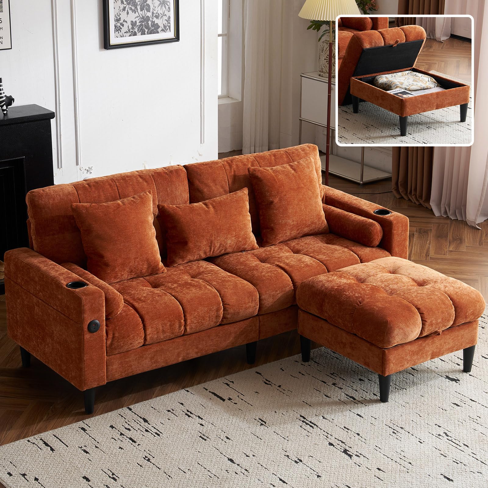 77" Orange L-Shaped Sofa with Storage Footrest, Chenille Sofa with 2 Cup Holders and Charging Station for Small Spaces, Comfortable Cloud Area 3