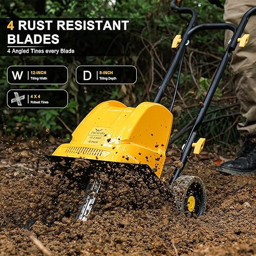 Miniatura 4 de Garden Rototiller - Cultivador eléctrico con cable de 12 pulgadas y 10.5 amperios, ruedas ajustables, profundidad de labranza de 8 pulgadas,