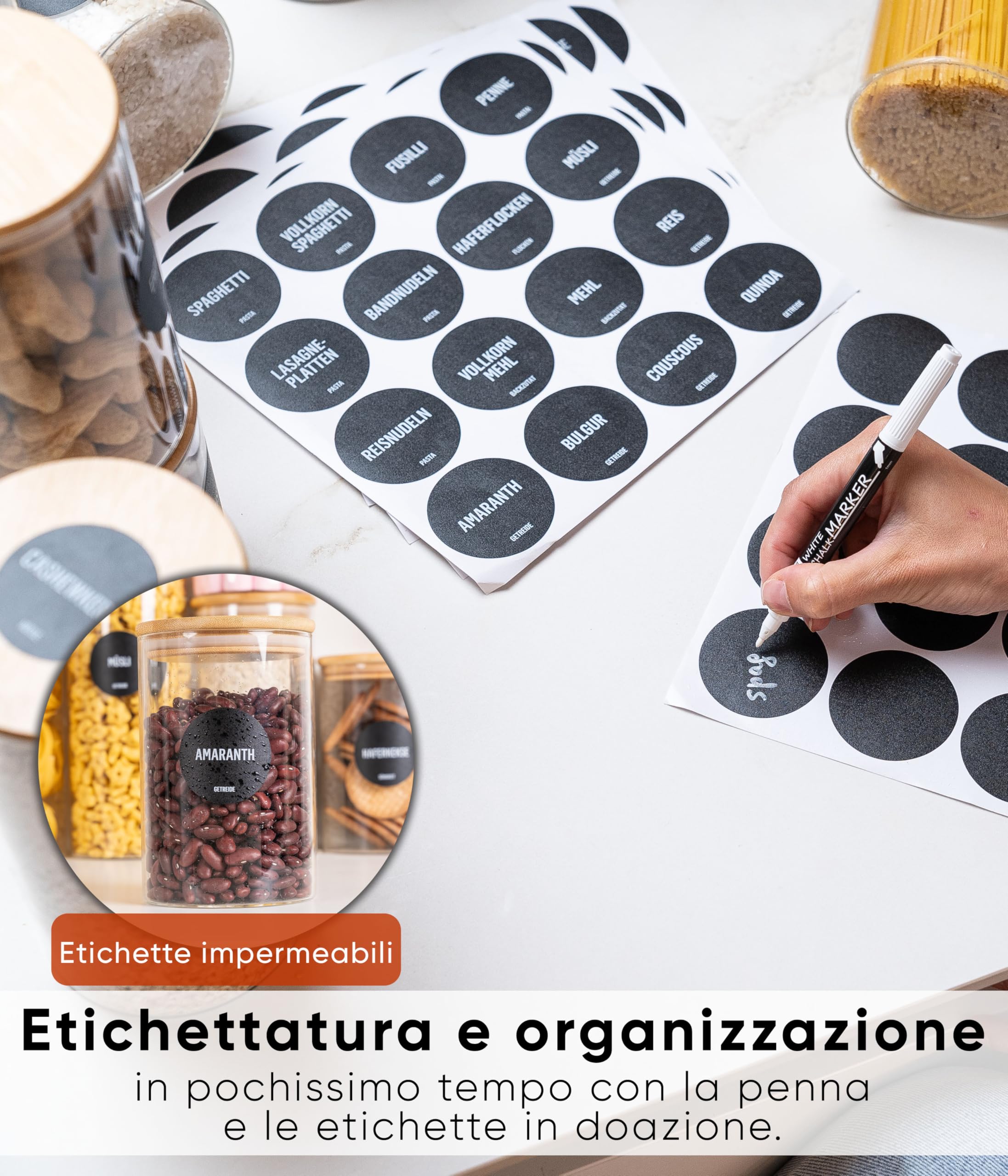 Deco haus Barattoli Vetro con Coperchio Legno Set di 8 [+ETICHETTE] - Contenitori Pasta Vetro - Contenitori Cucina - Porta pasta contenitore per Biscotti, Farina, Cereali, Spaghetti