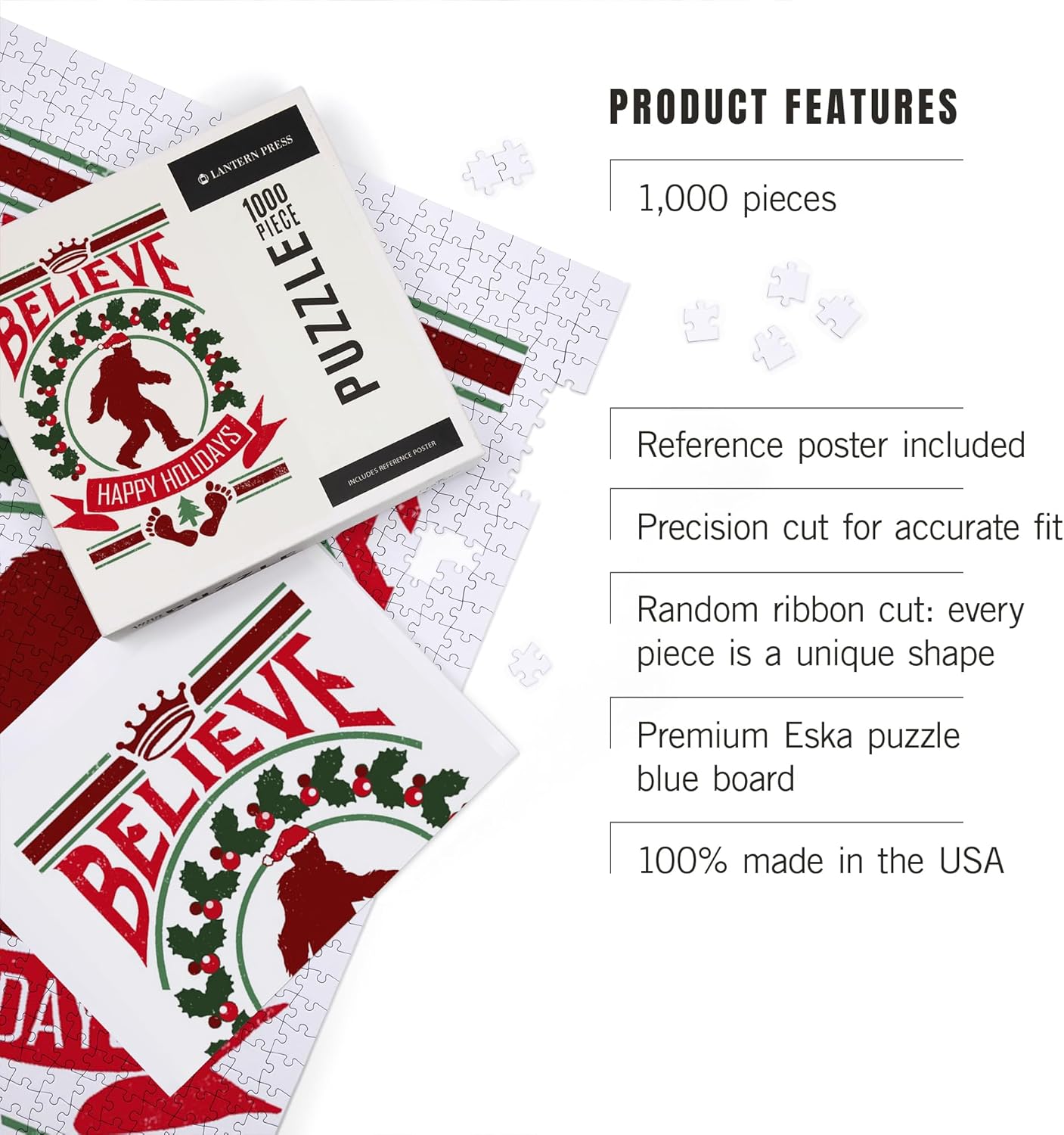 Lantern Press Bigfoot, Happy Holidays, Christmas 1000 Piece Jigsaw Puzzle for Adults, Made in USA with Reference Poster