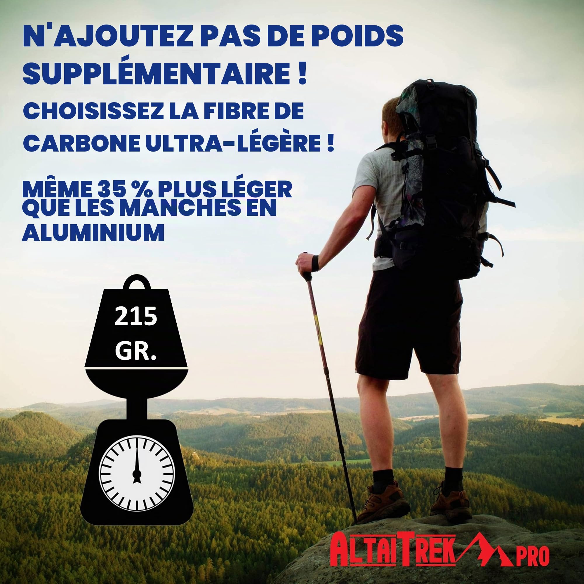 Bâtons de randonnée télescopiques ALTAITREK PRO en Fibre de Carbone avec système de Verrouillage Rapide, ultralégers pour la randonnée, la Montagne, Le Camping. Poignée en liège Naturel. Paire