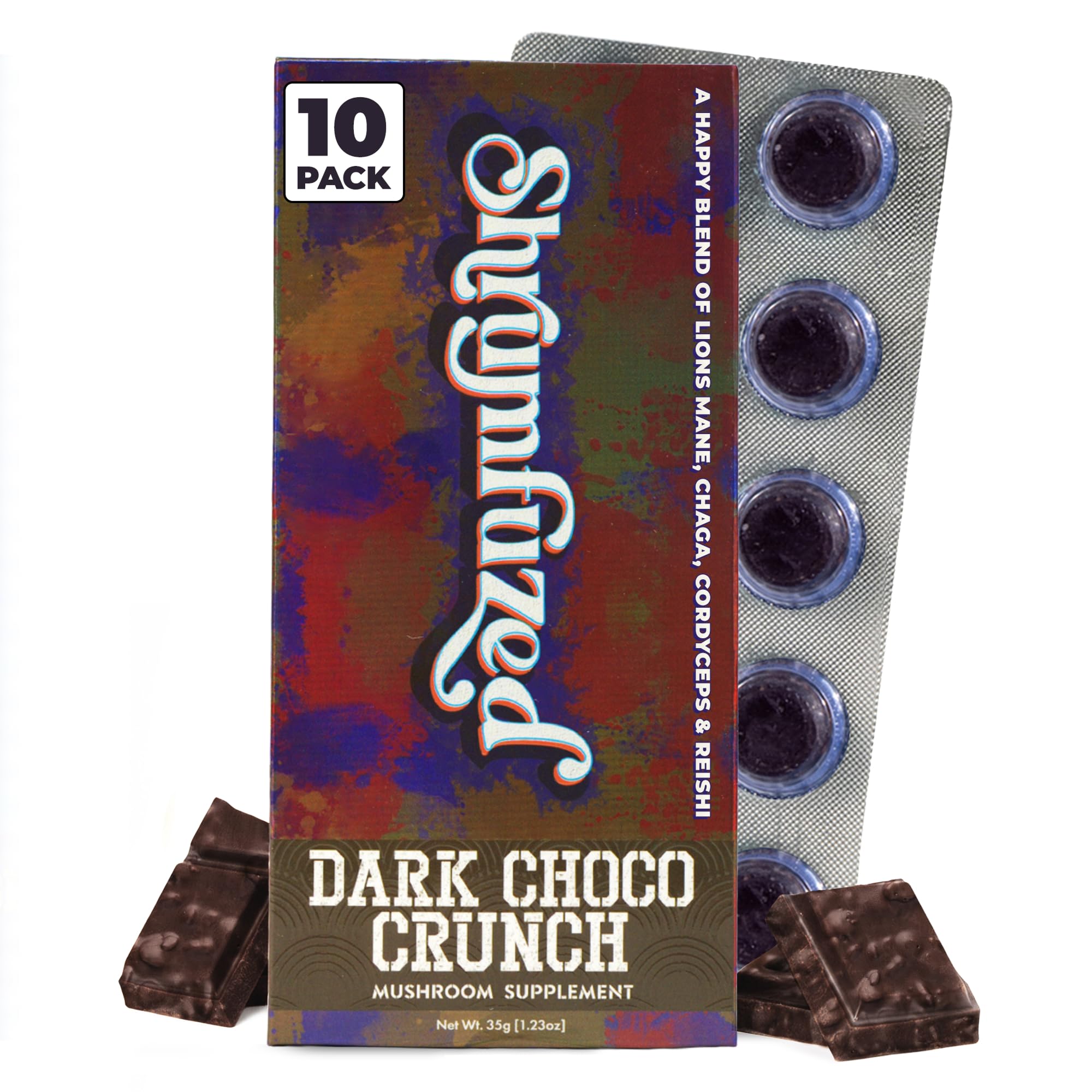 Mushroom Chocolate | Nootropic Mushroom Supplement with Lion's Mane, Reishi, Cordyceps & Chaga | 10 Count, Dark Chocolate Crunch