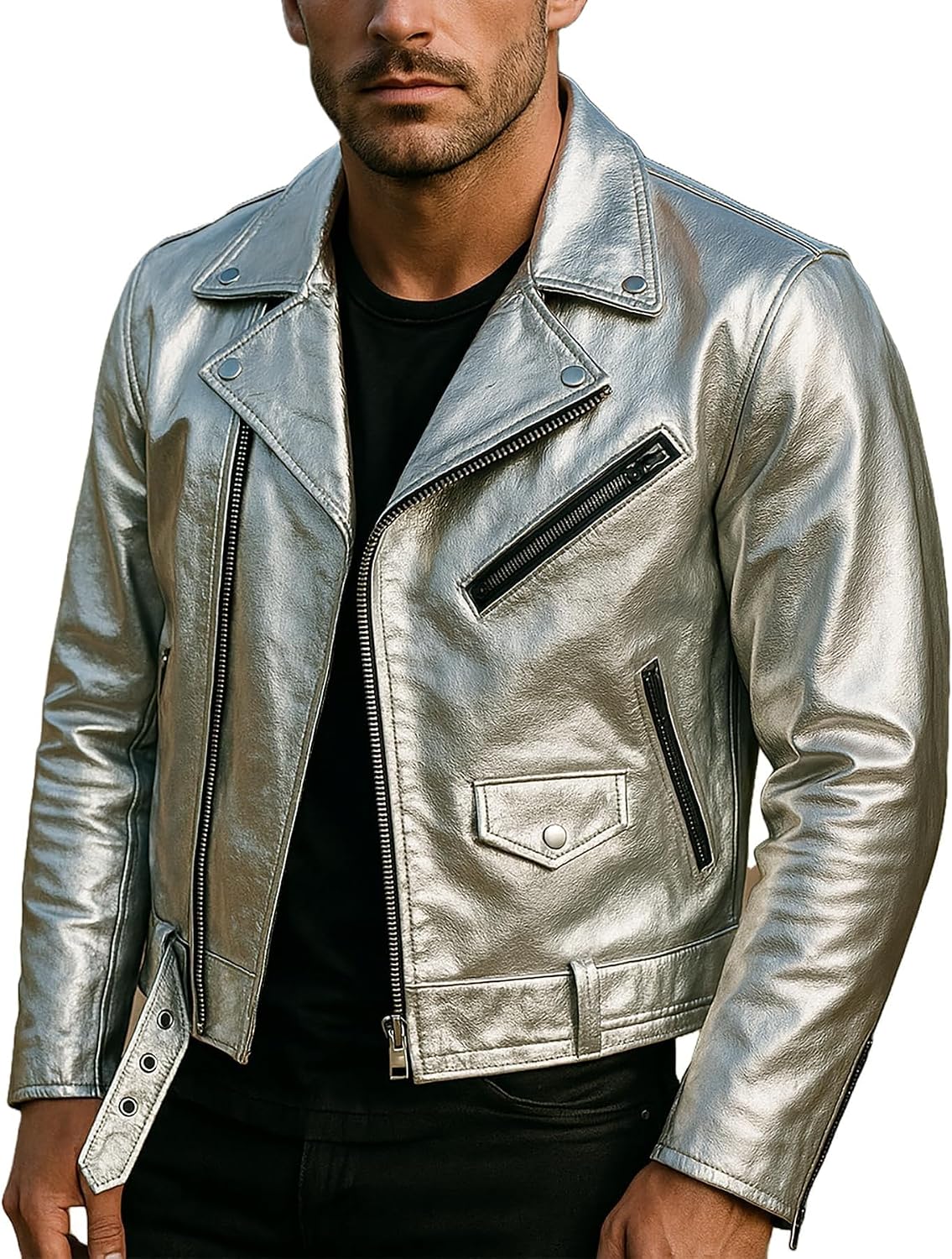 LP-FACON Mens Silver Foiled Metallic Punk Brando Motorcycle Biker Real & Faux Leather Belted Jacket